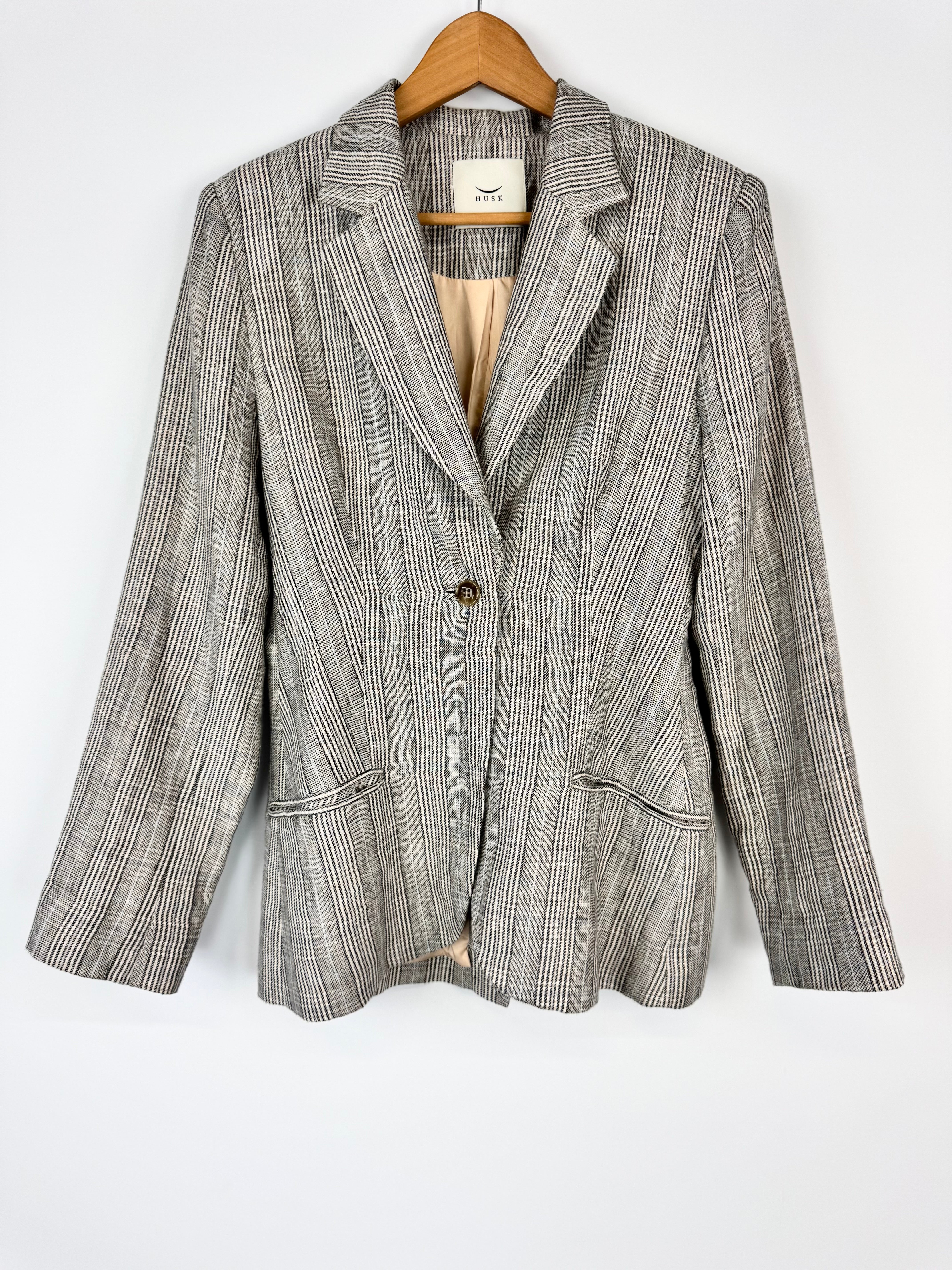 Husk Grey Beige & Blue Prince of Wales Check Linen 3 Piece Suit - AU8