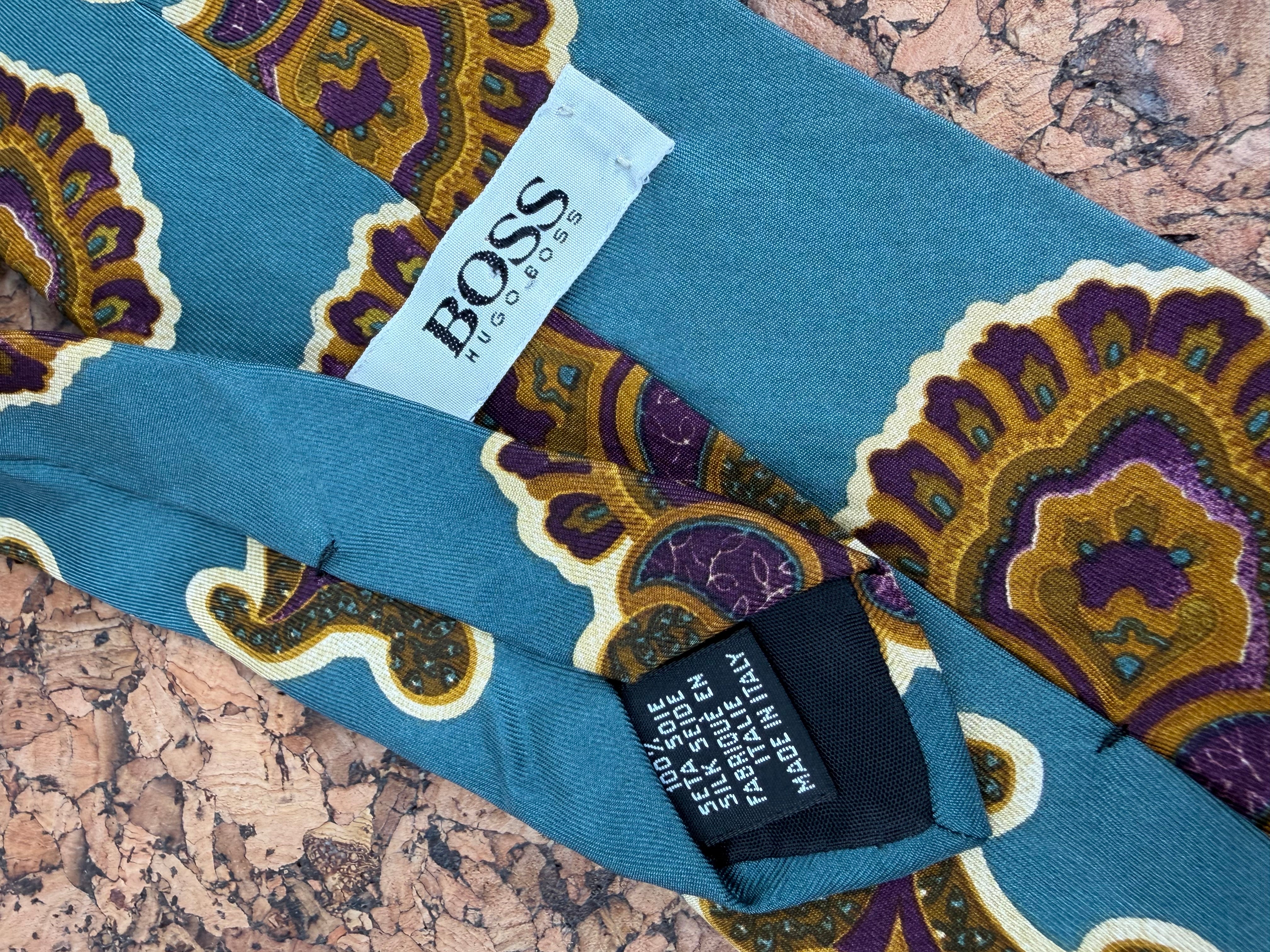 Hugo Boss Teal & Antique Gold Patterned Silk Tie