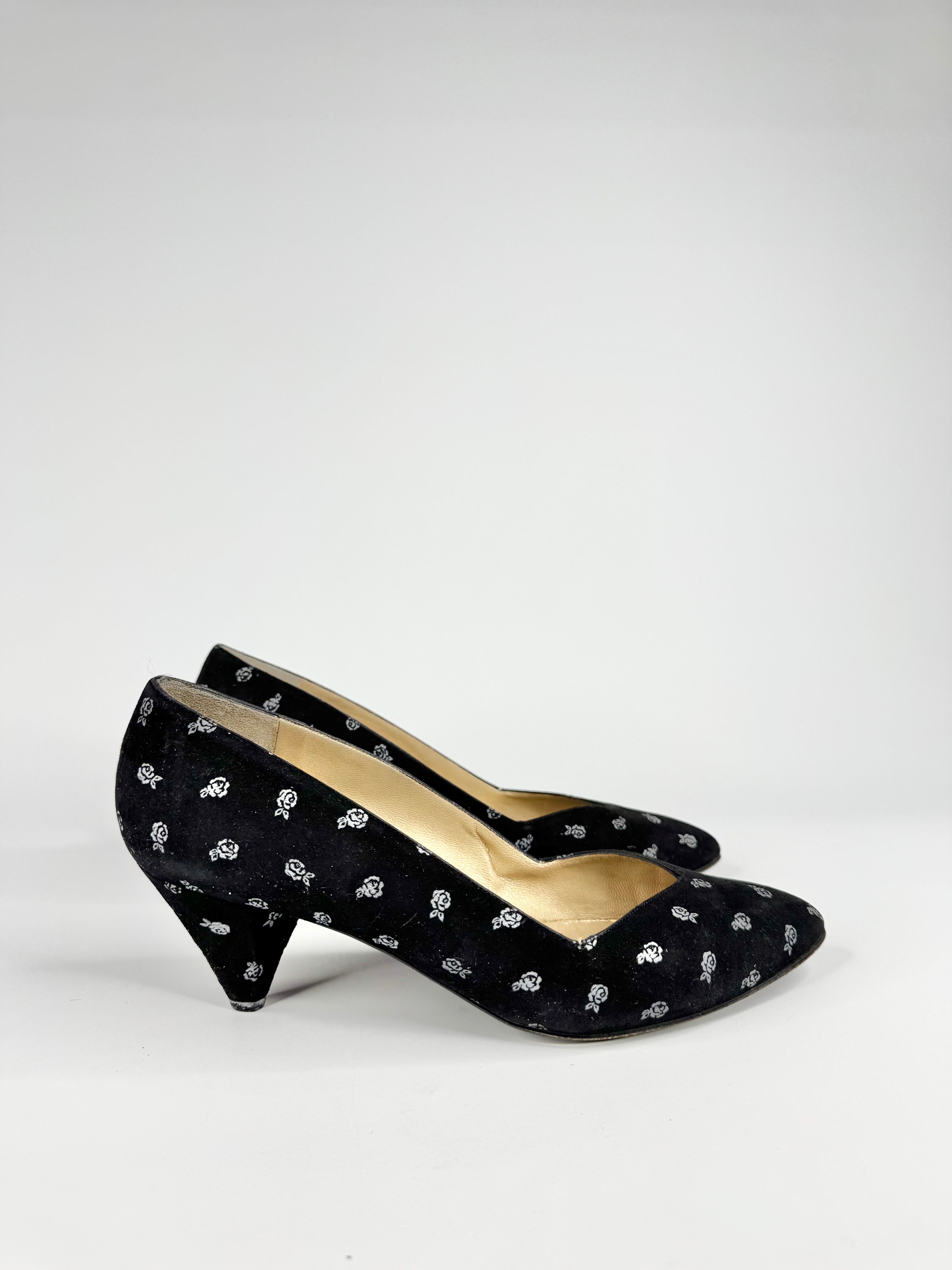 Vintage 80s Gianni Versace Black & Silver Rose Patterned French Heel Pumps - EU39.5