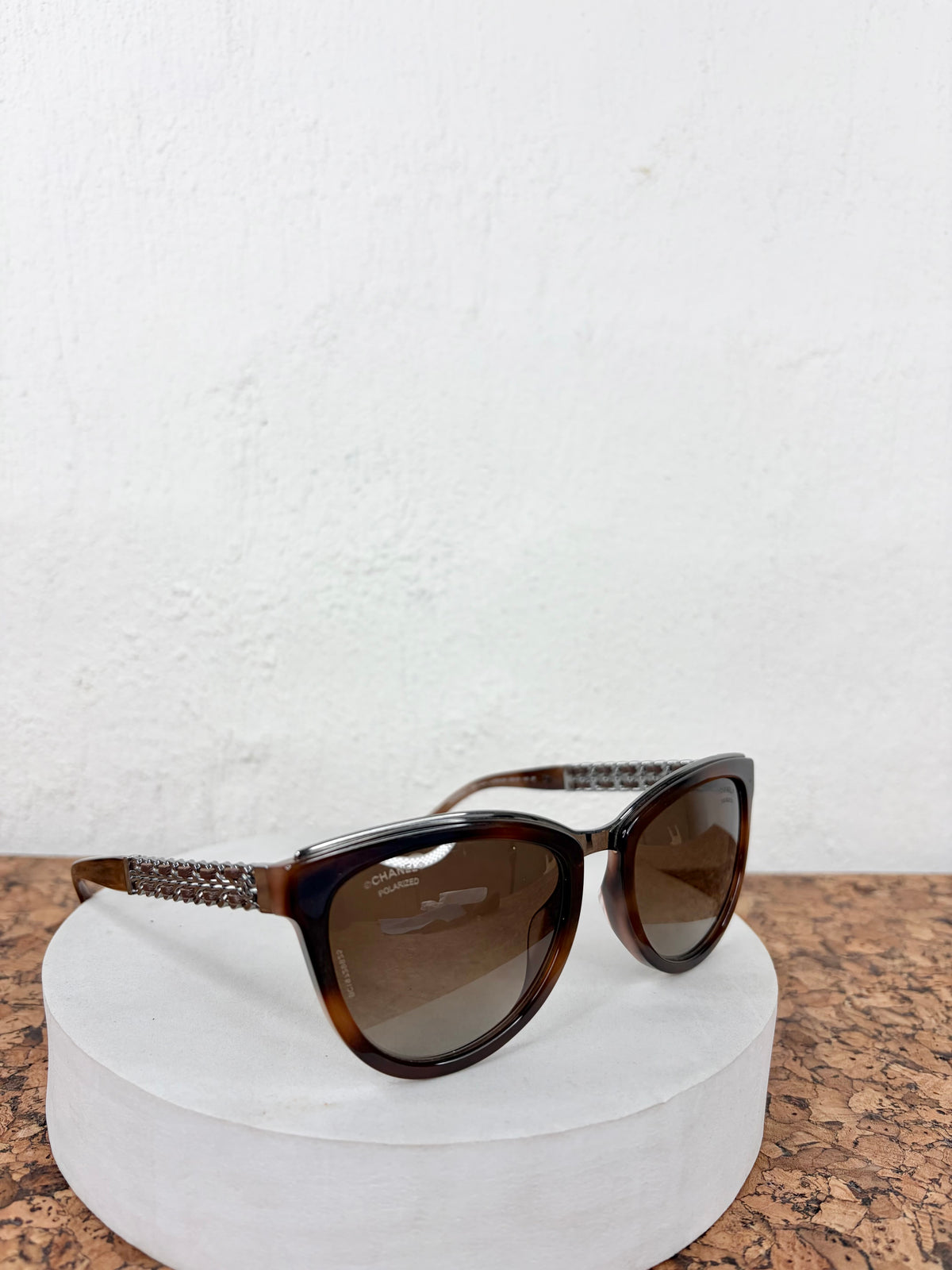 Chanel Brown Chain & Leather Link Cat Eye Sunglasses