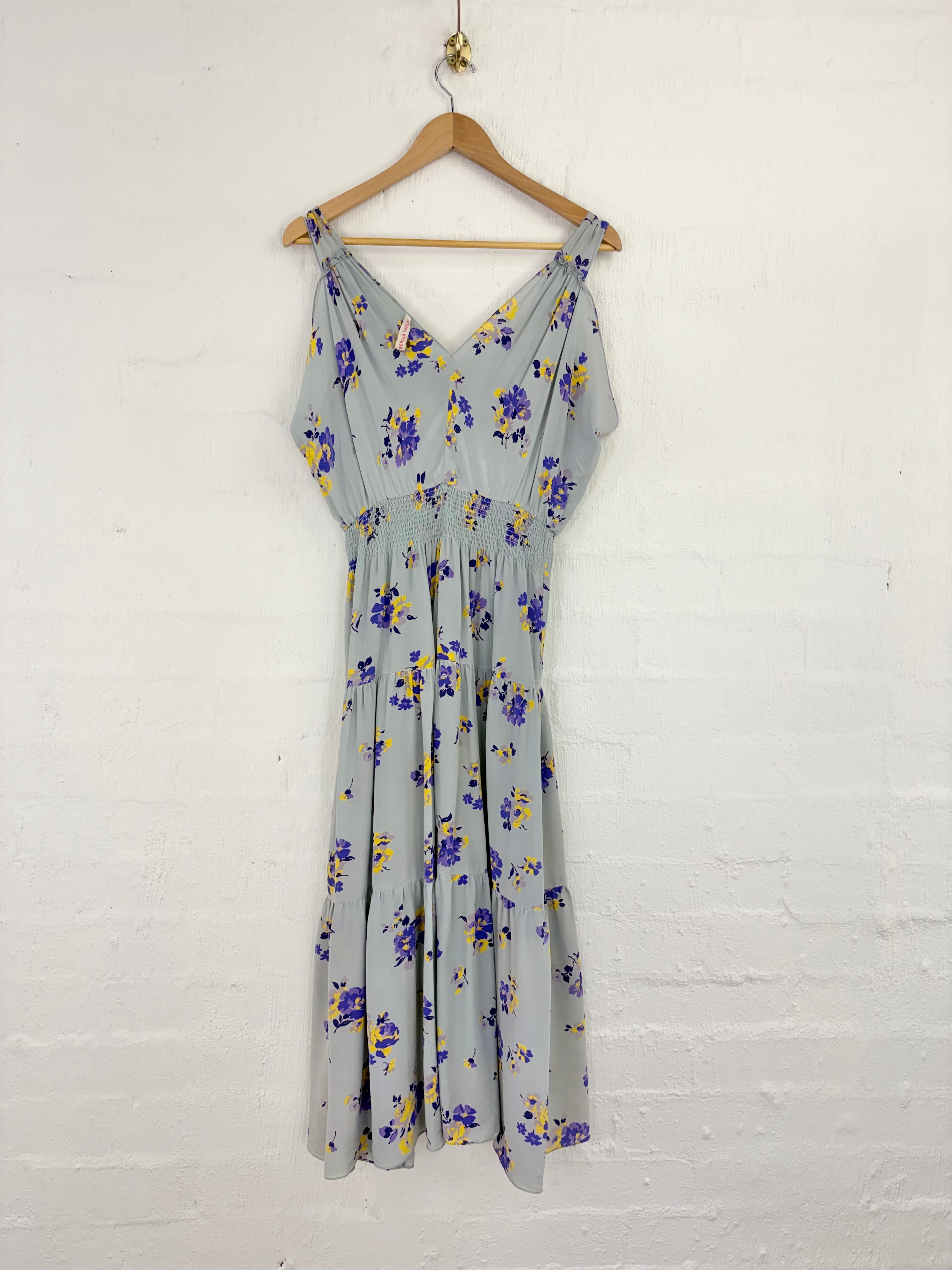 Rebecca Thompson Grey Silk Violet & Yellow Floral Patterned Maxi Dress - AU8/10