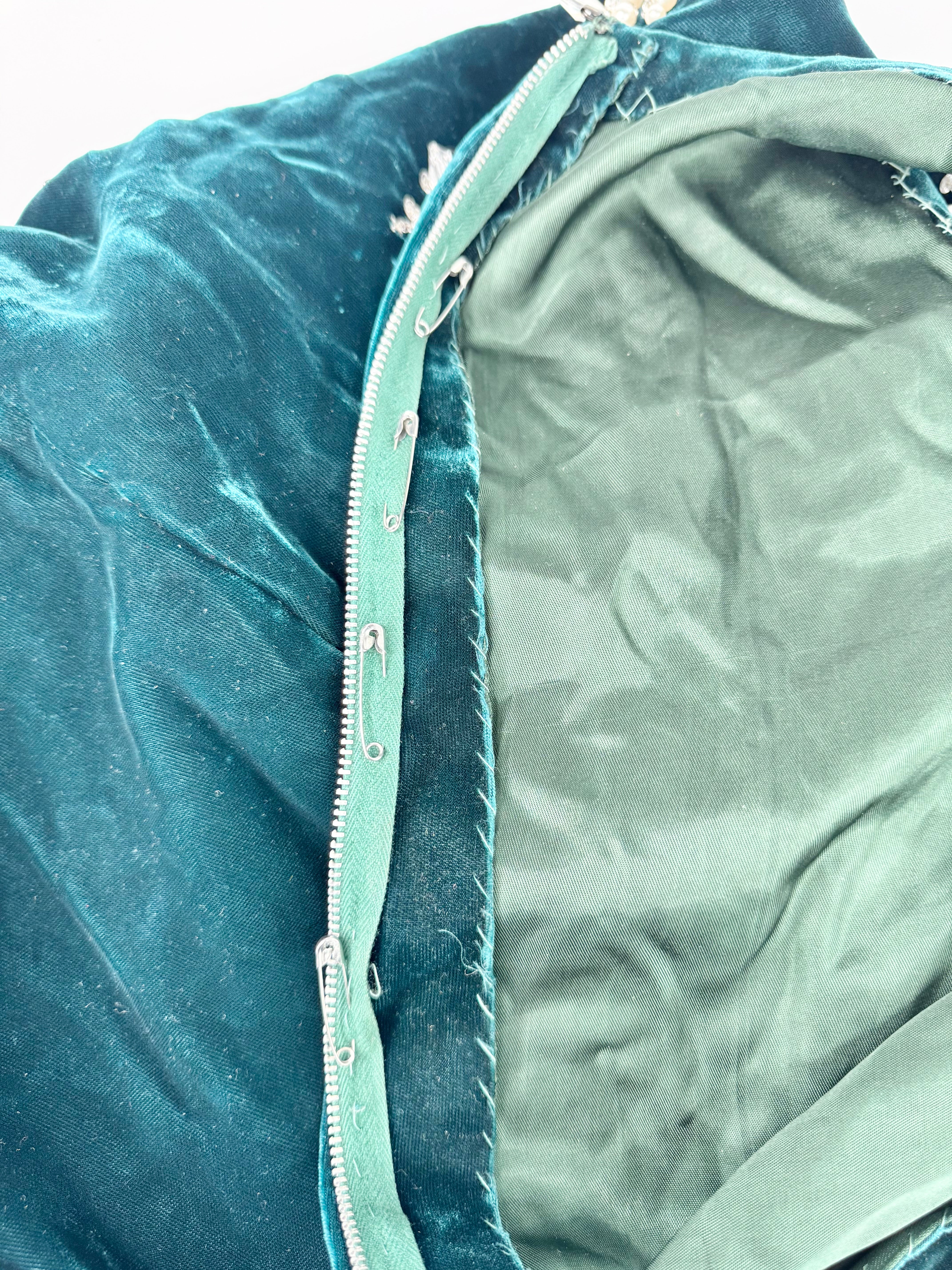 Hand Made Teal Velvet Beaded A-Line Dress - AU8/10