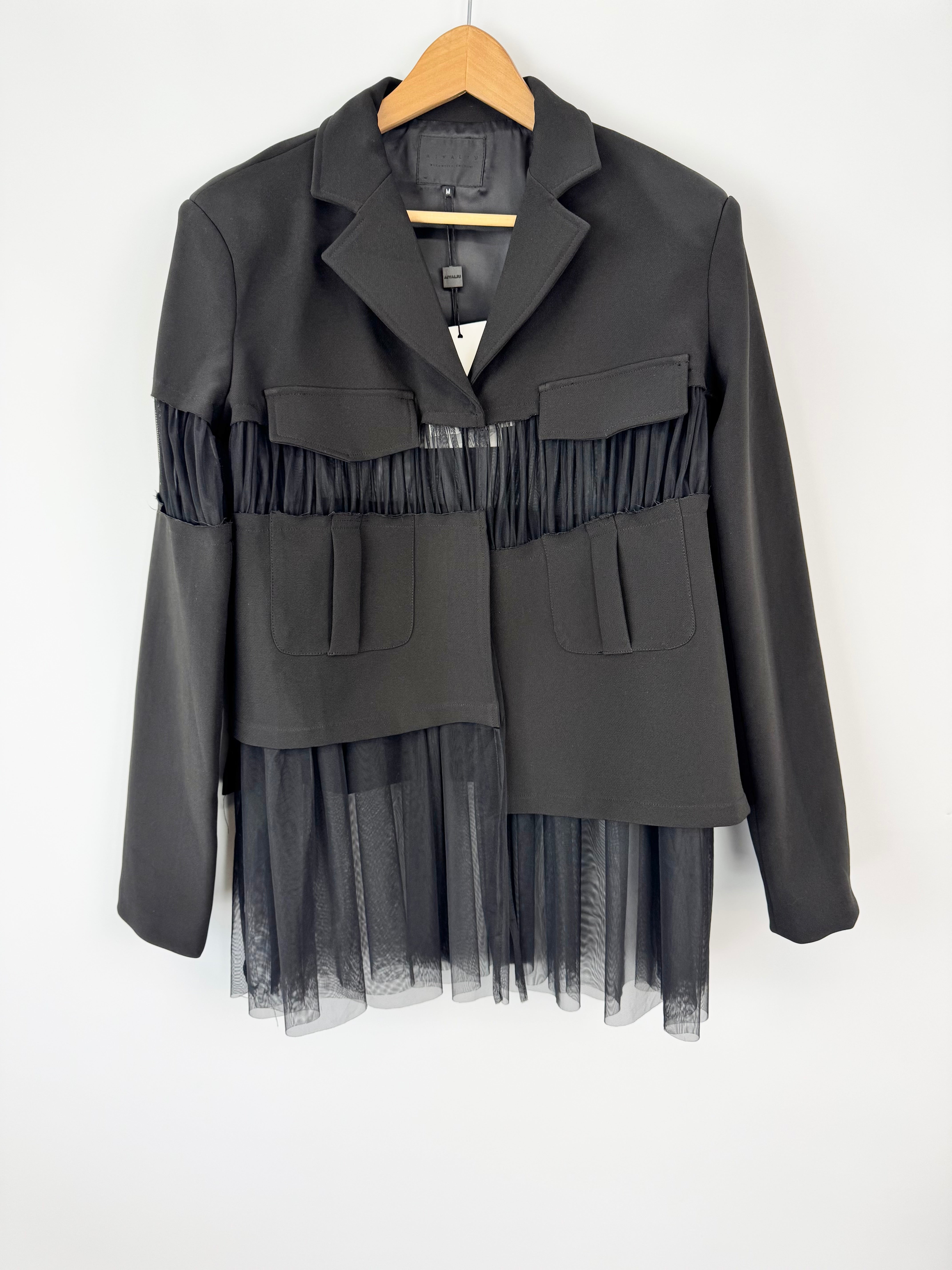Aiyaliu Black Opaque & Sheer Mesh Tiered Blazer NWT - AU10/12