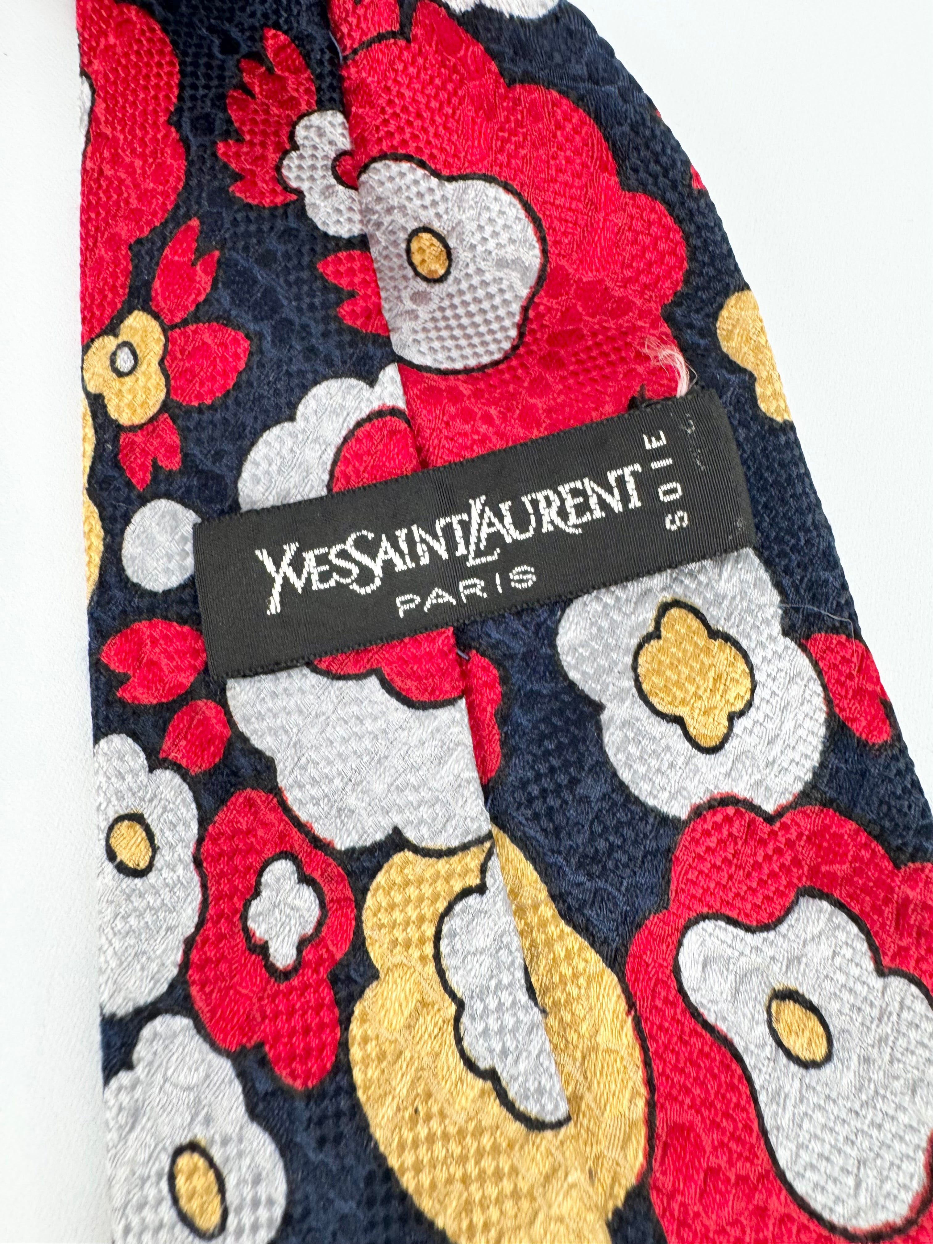 Vintage Yves Saint Laurent Retro Floral Patterned Silk Tie