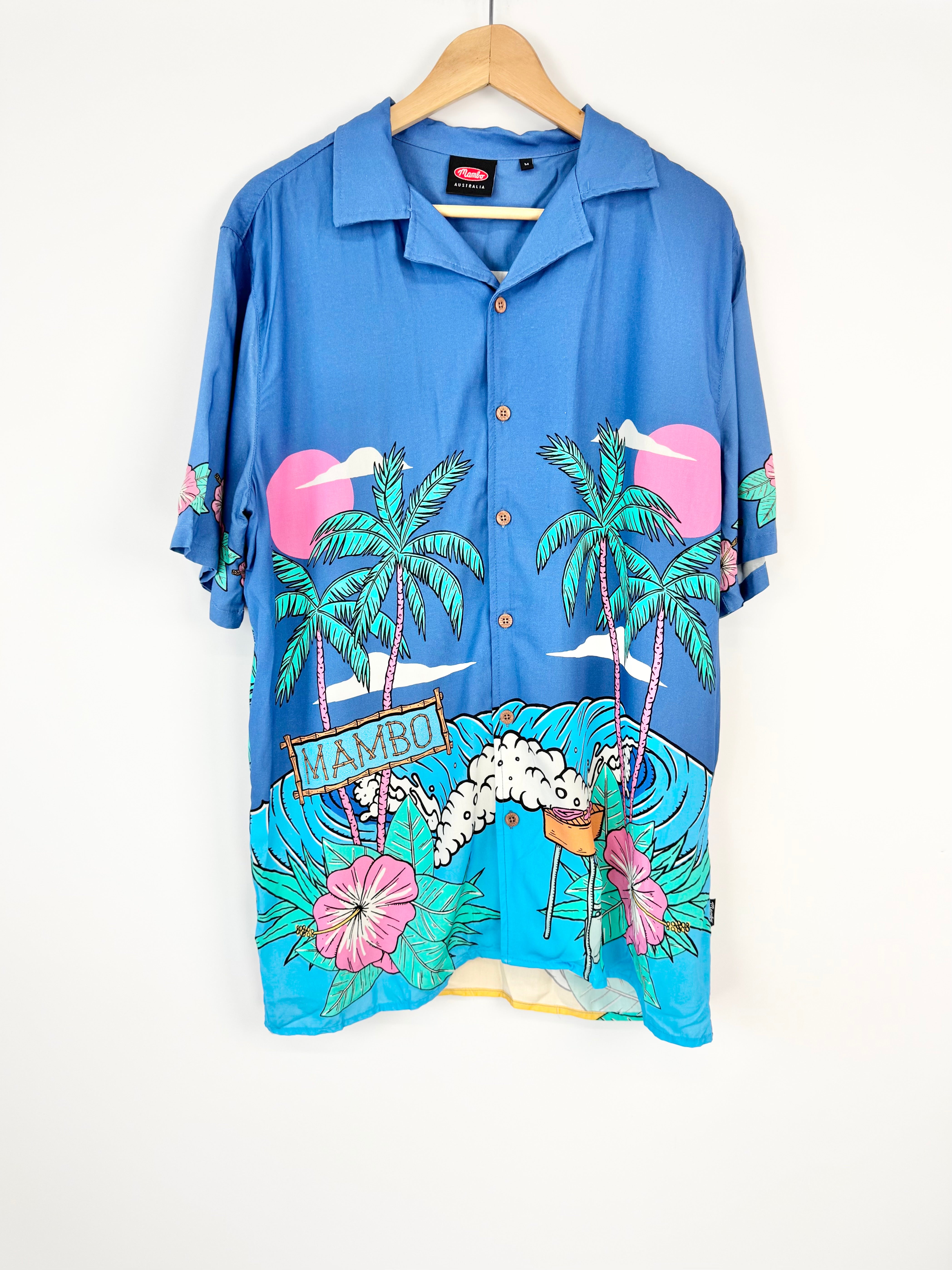 Mambo Australia Blue Beach Hut Hawaiian T-Shirt - M