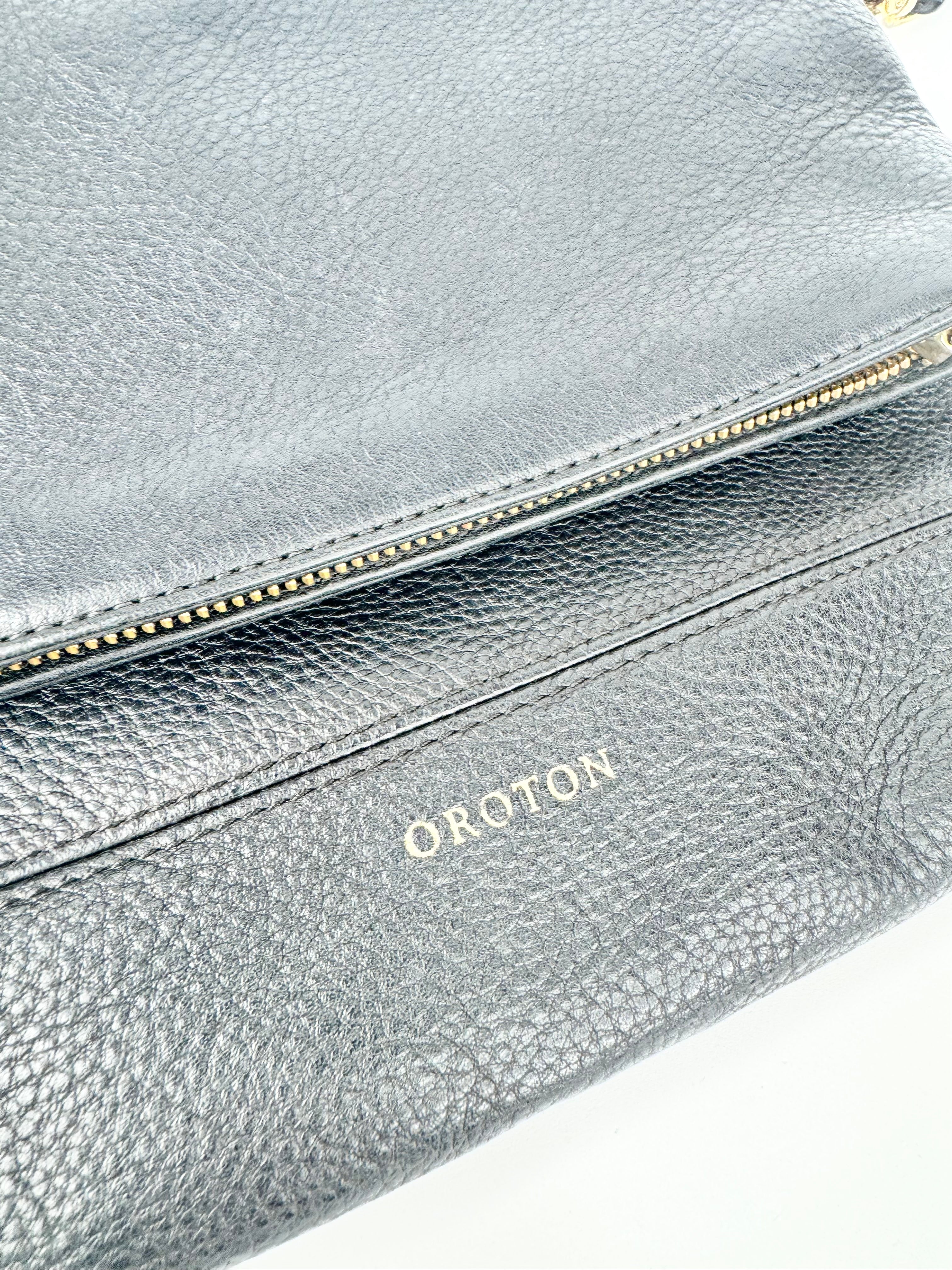 Oroton Black Leather Clutch Bag with Attachable Long Handle