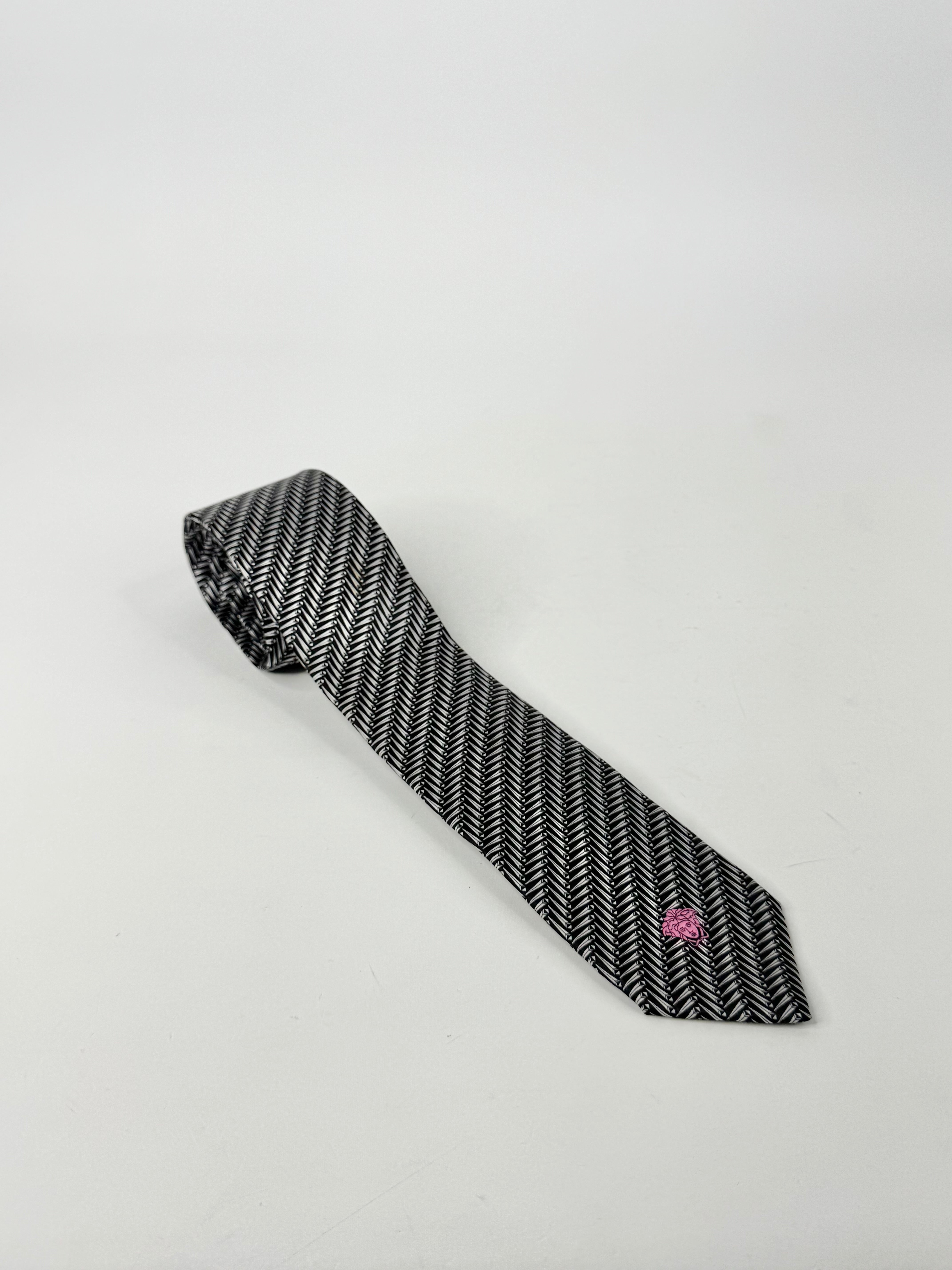 Versace Black & White Patterned Silk Tie