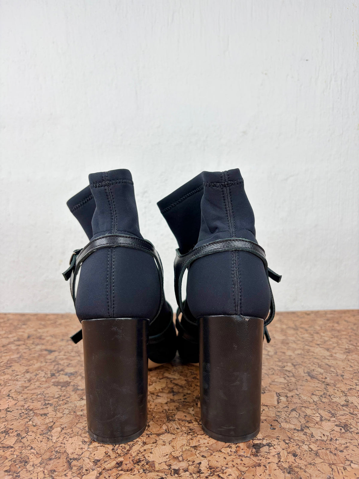 OVYÉ Black Neoprene & Leather Caged Studded Block Heels - EU39