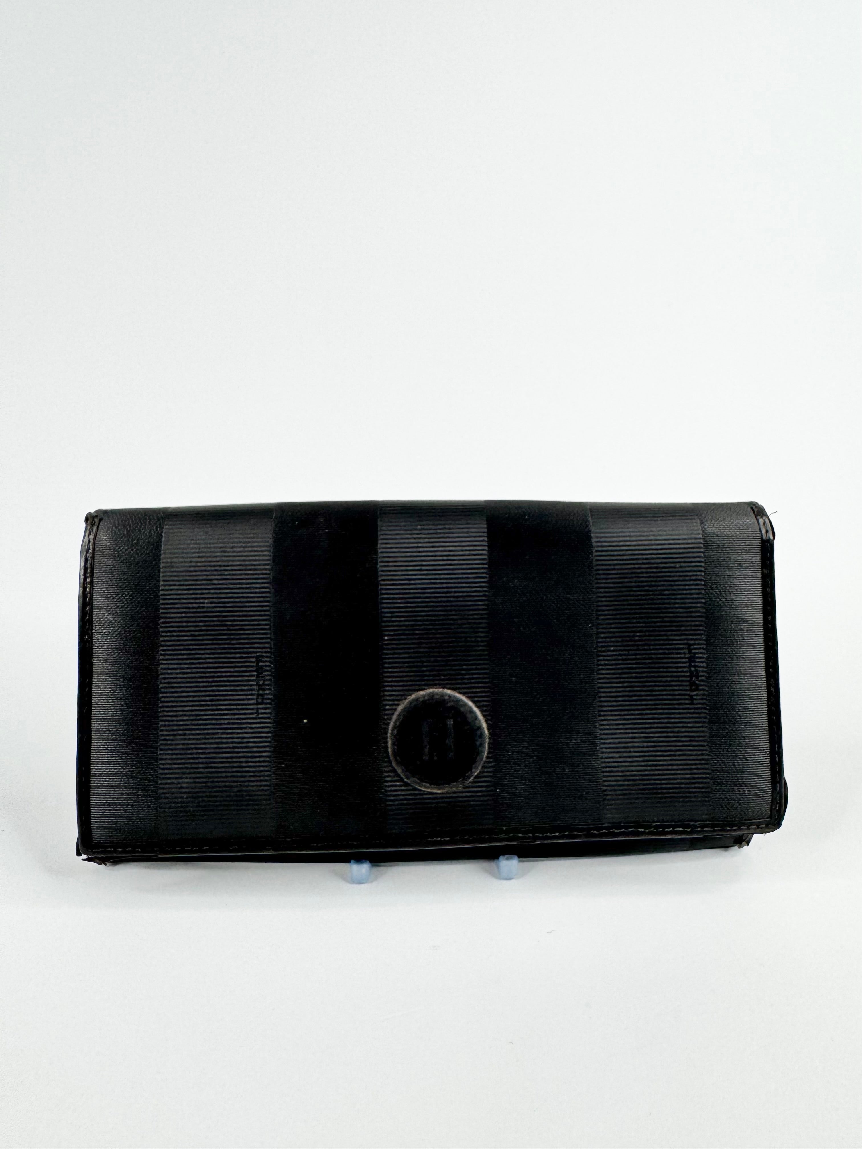 Vintage 90s Fendi Black Canvas & Leather Striped Wallet