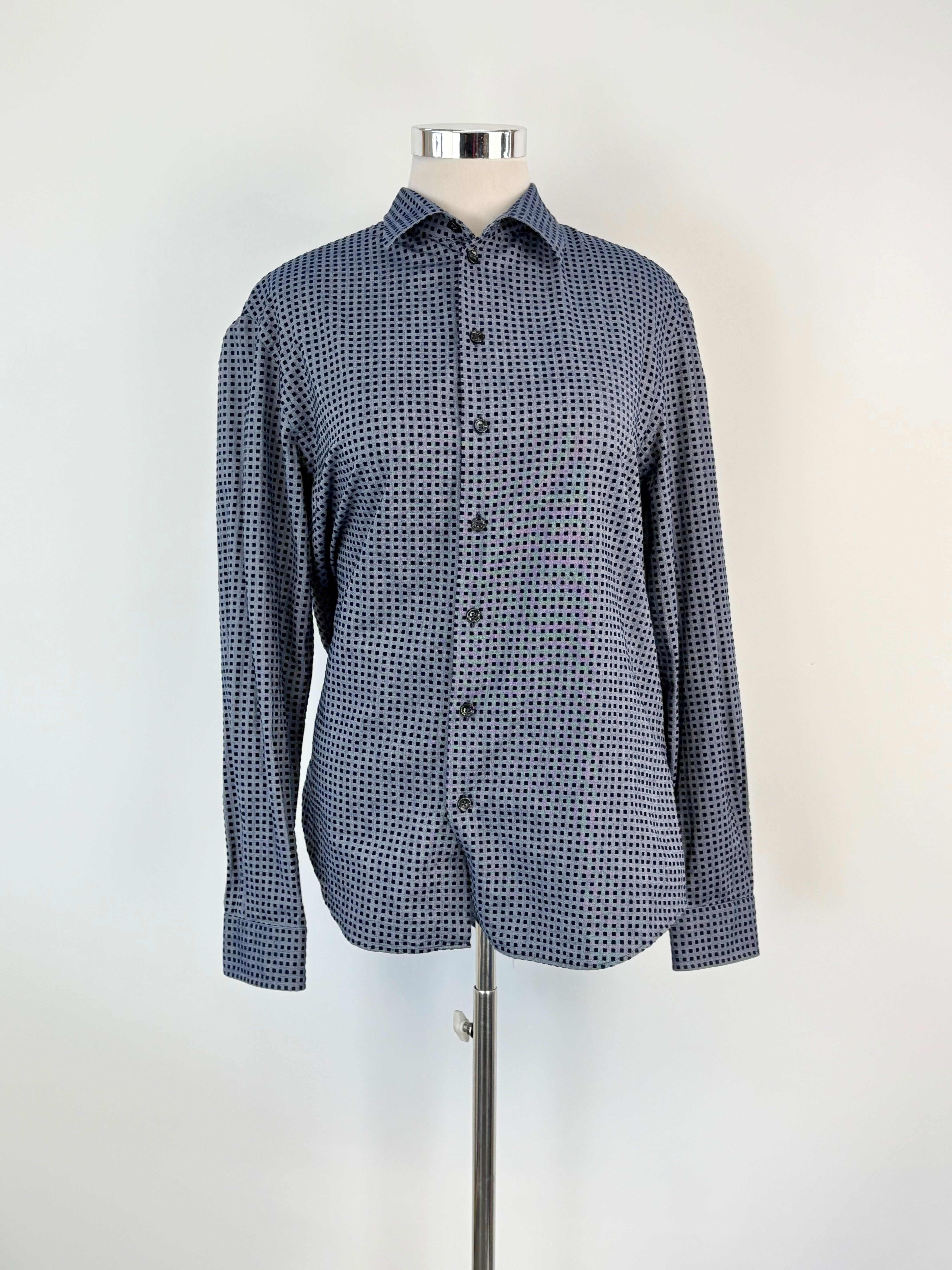 Armani Collezioni Pigeon Blue Felted-Square Pattern Shirt - XL