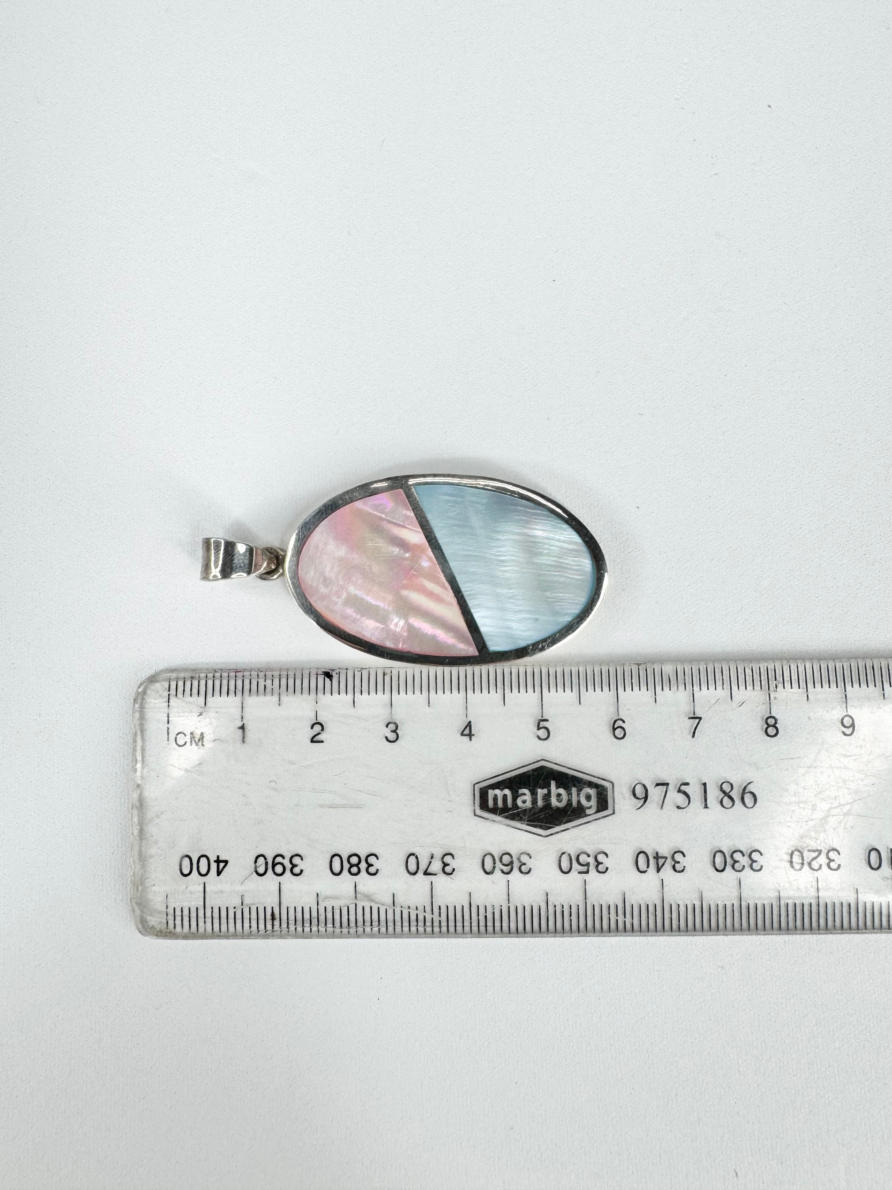 Large Oval Silver Powder Pink & Blue Shell Pendant