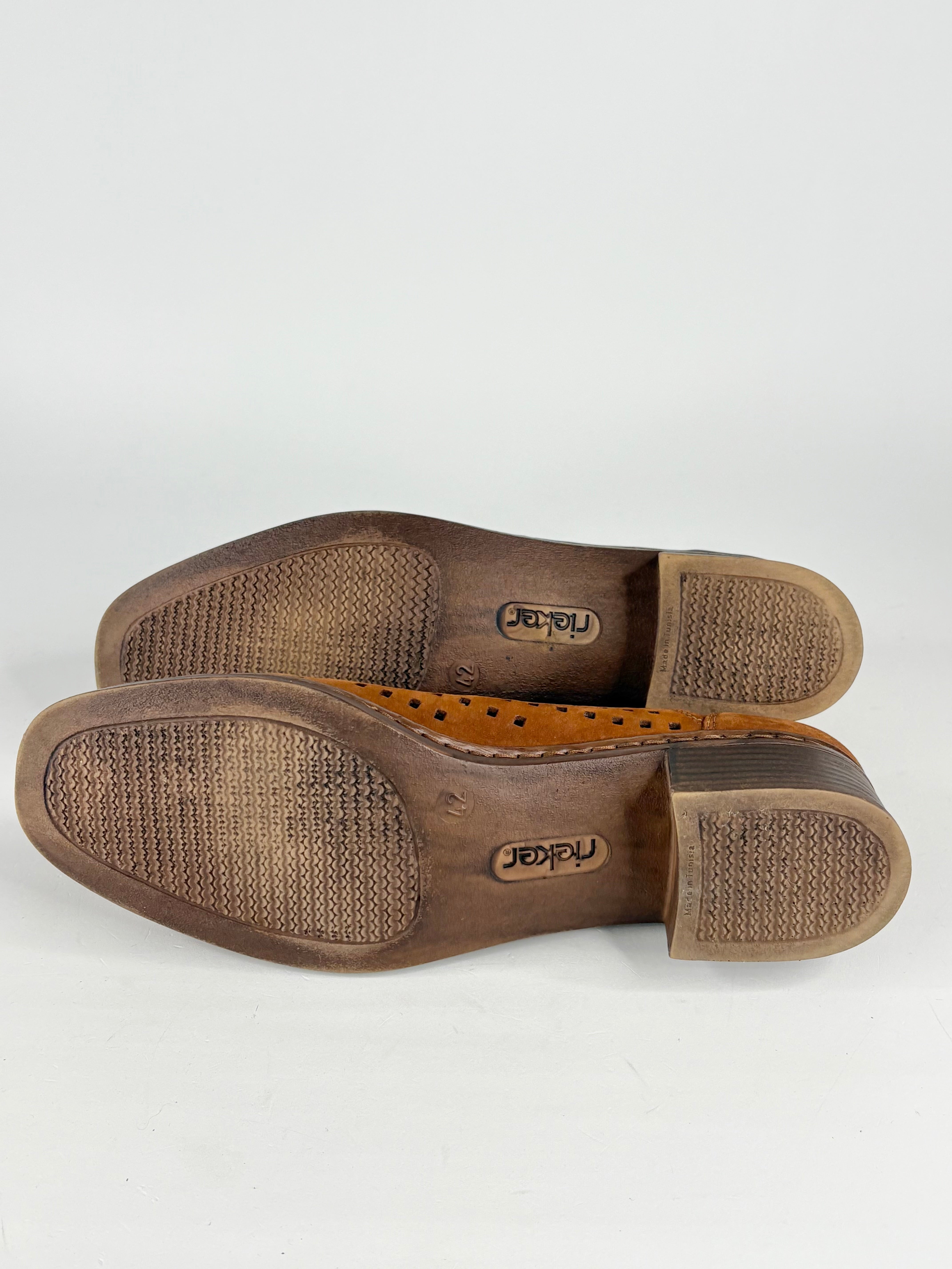Rieker Tan Leather Perforated Slip Ons - EU42