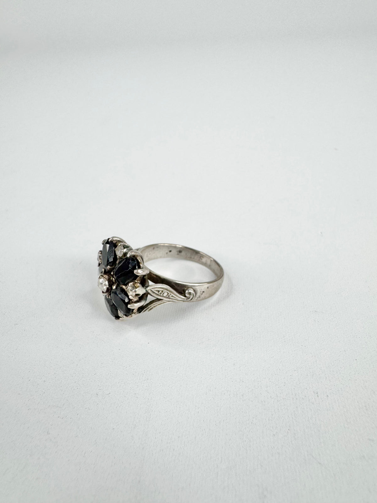 Vintage Silver Cubic Zirconia & Black Jewel Flower Ring
