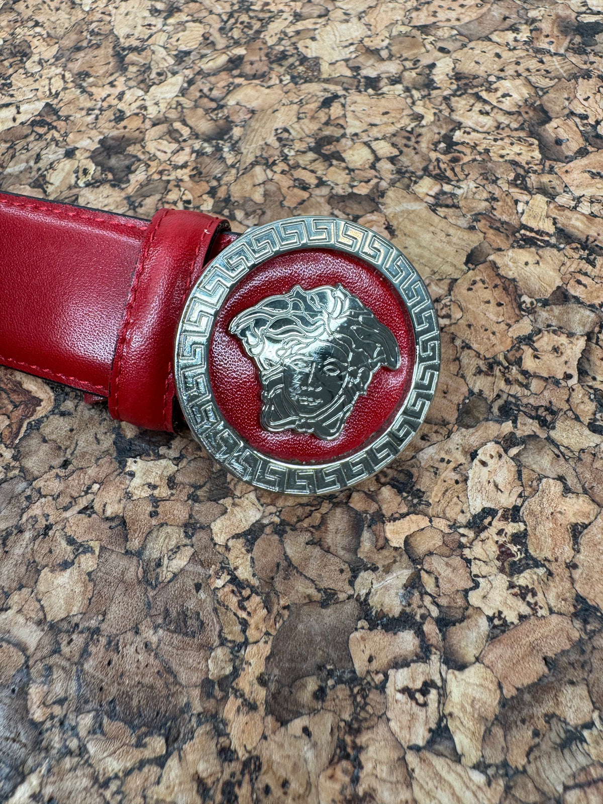 Vintage Versace Medusa & Greek Key Cherry Red Leather Belt