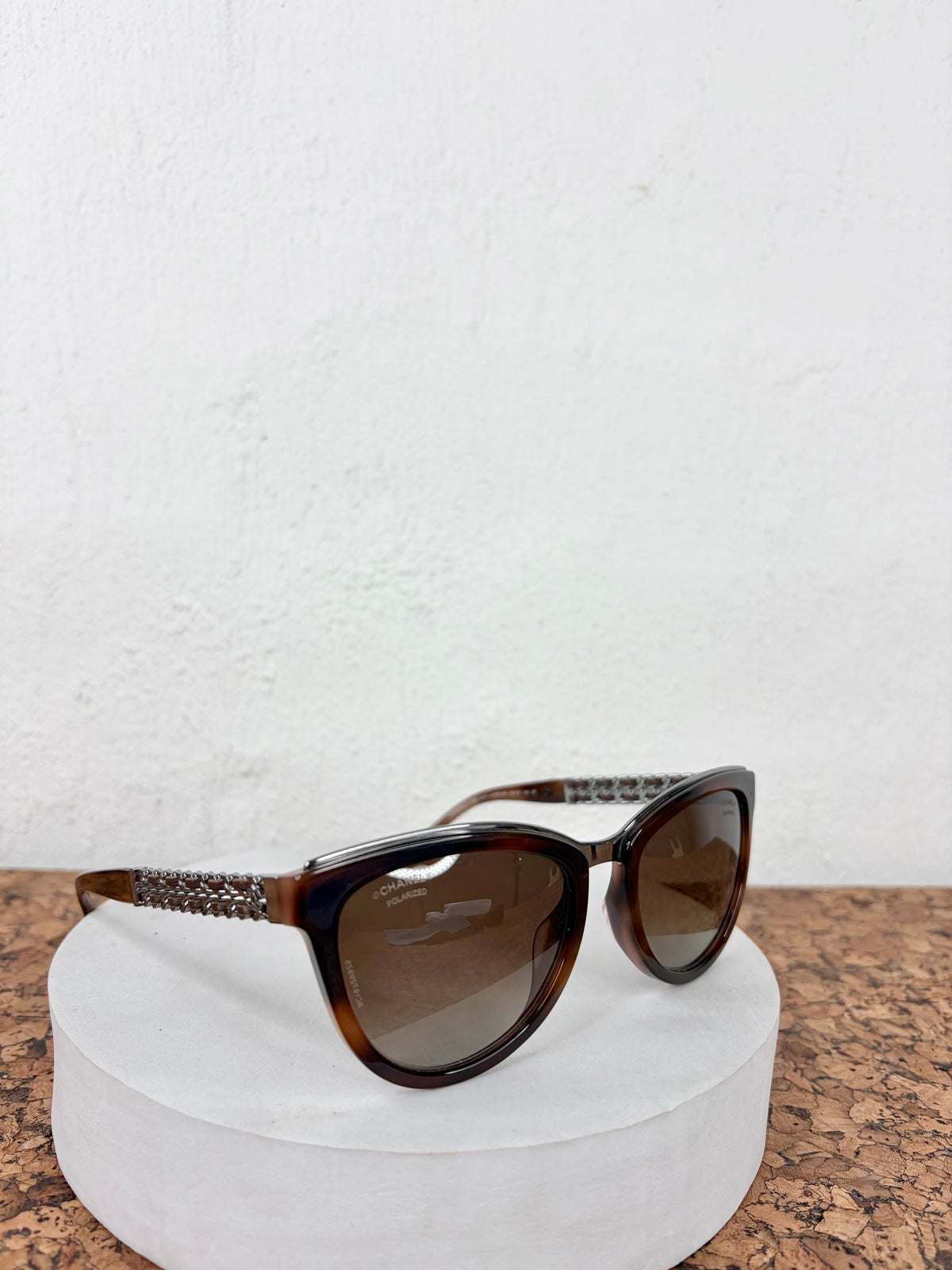 Chanel Brown Chain & Leather Link Cat Eye Sunglasses