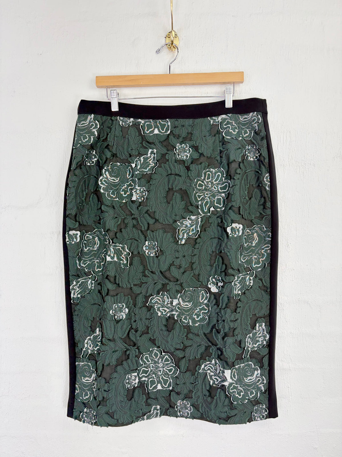 Marina Rinaldi Black, Green & White Rose Patterned Pencil Skirt - AU18/20