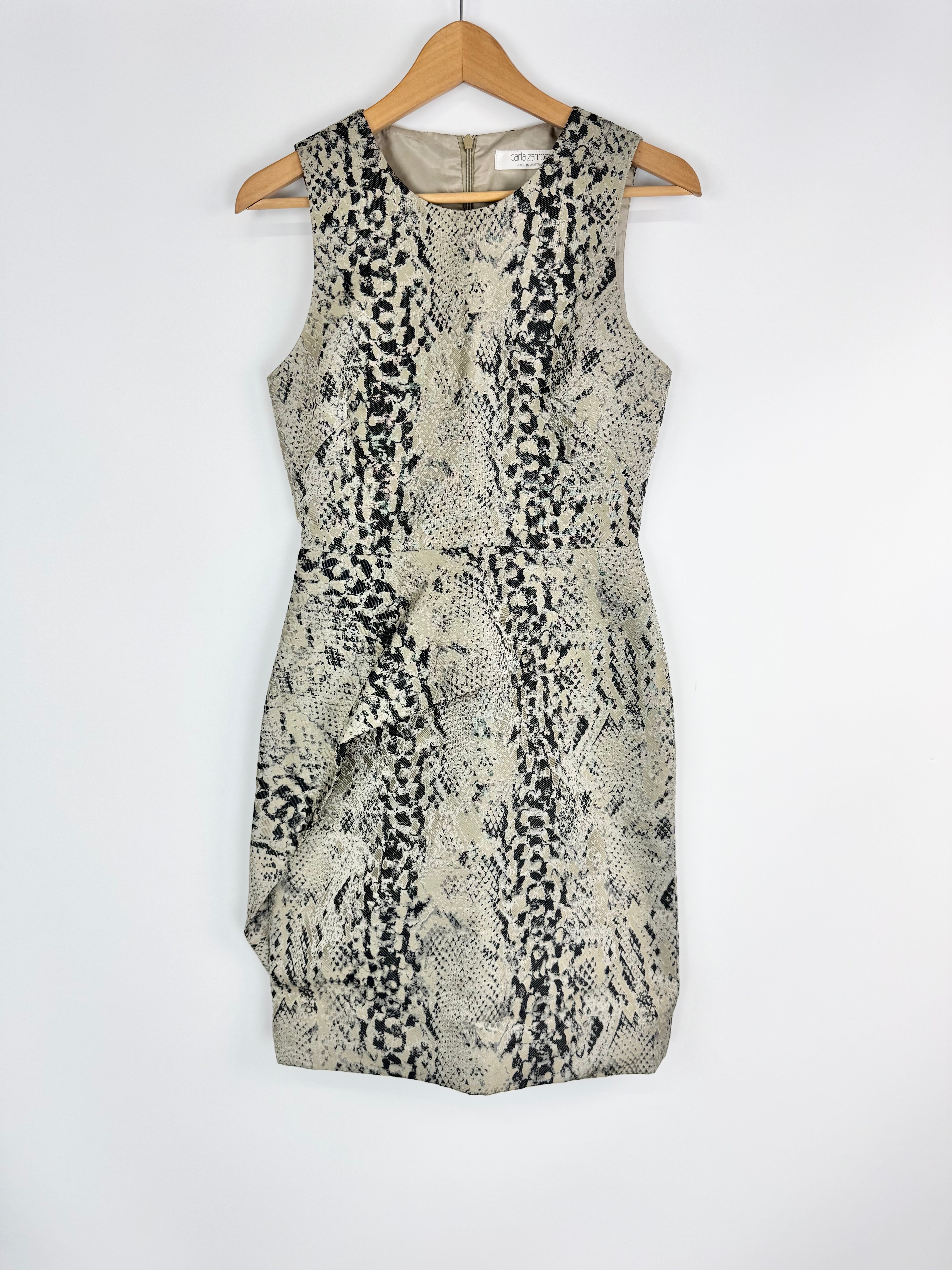 Carla Zampatti Antique Gold & Black Snakeskin Pattern Sheath Dress - AU6