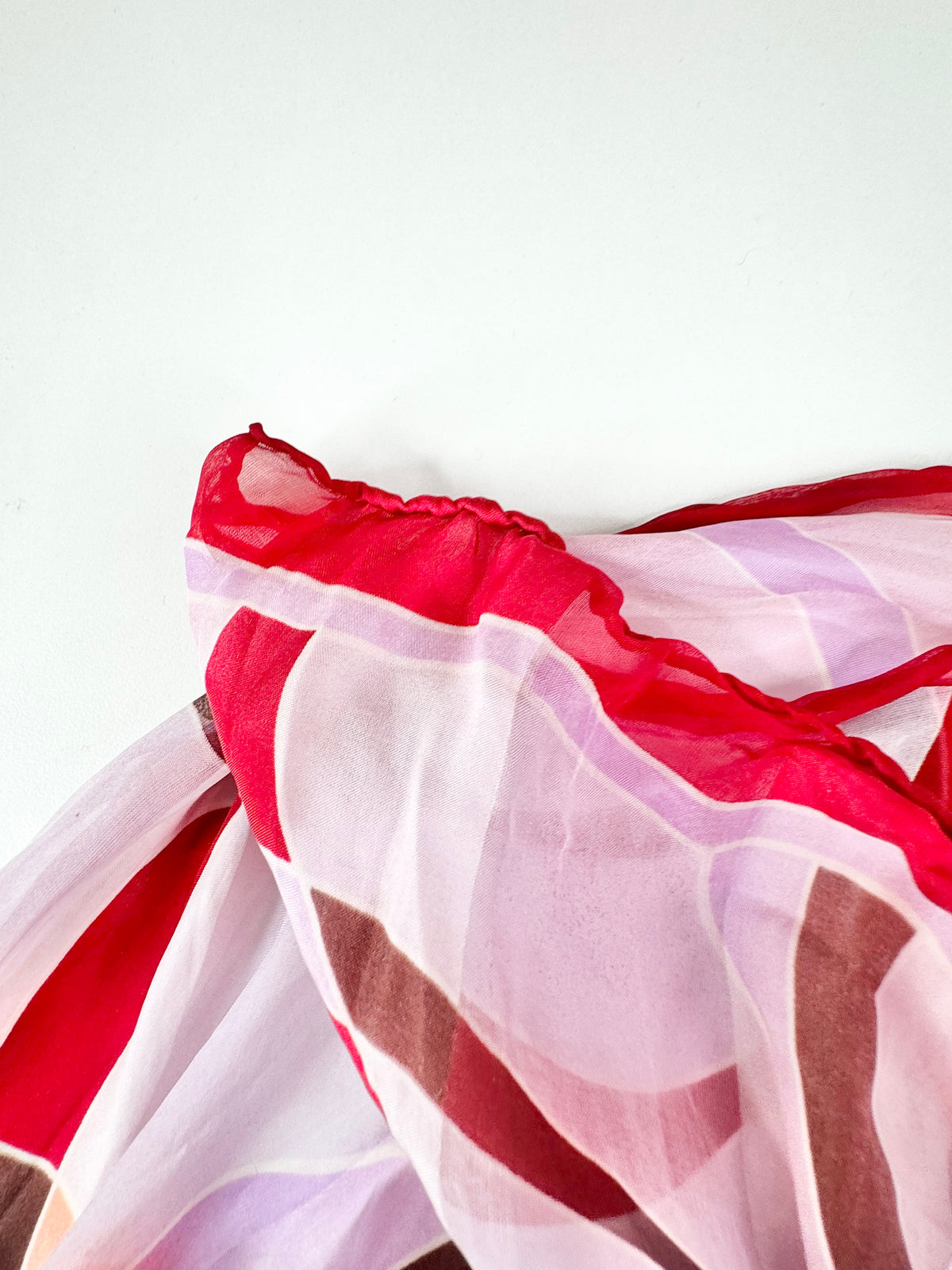 Retro Patterned Red & Lavender Hand-Rolled Silk Scarf