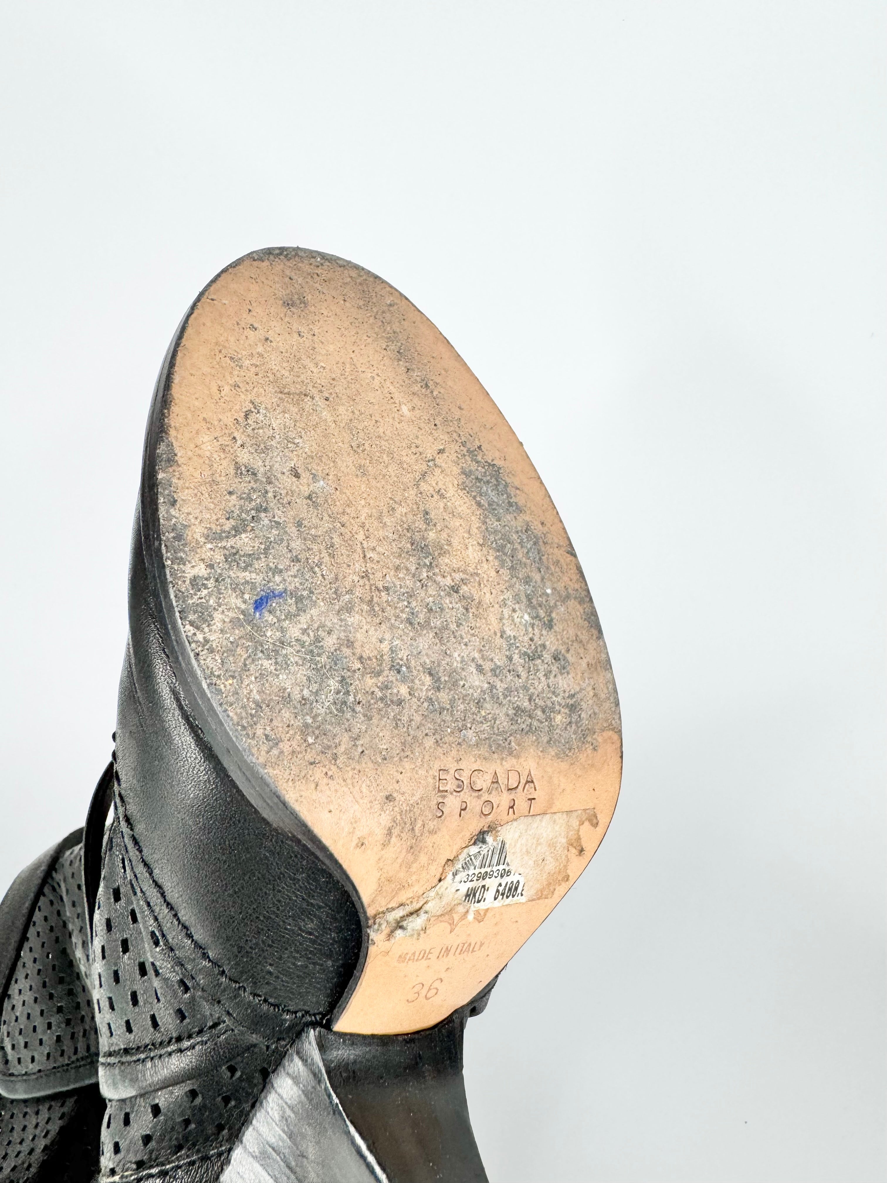 Escada Sport Black Perforated Leather Wedged Boots - EU36