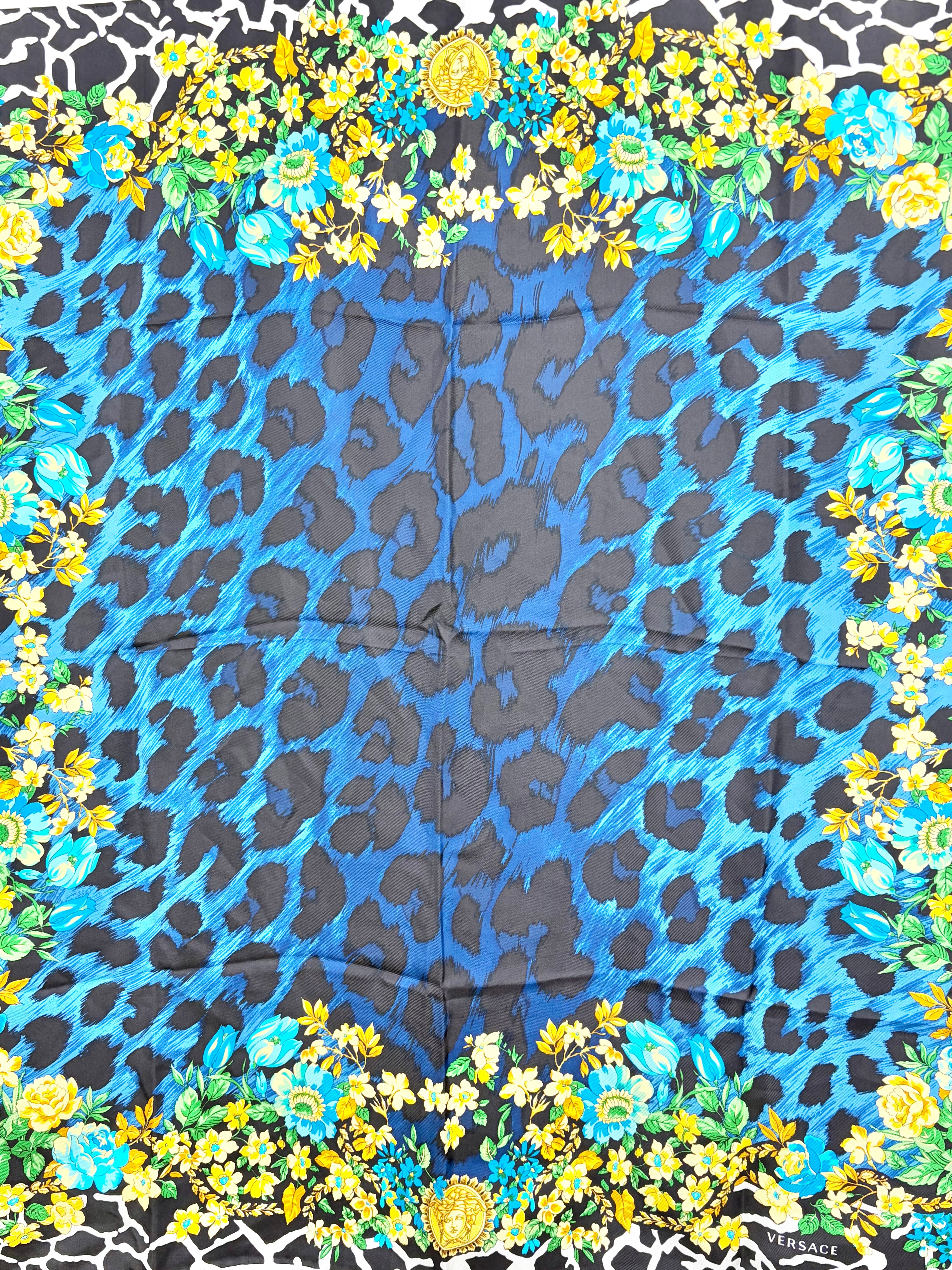 Versace Black Gold & Blue Leopard Print & Brocade Patterned Hand-Rolled Silk Scarf