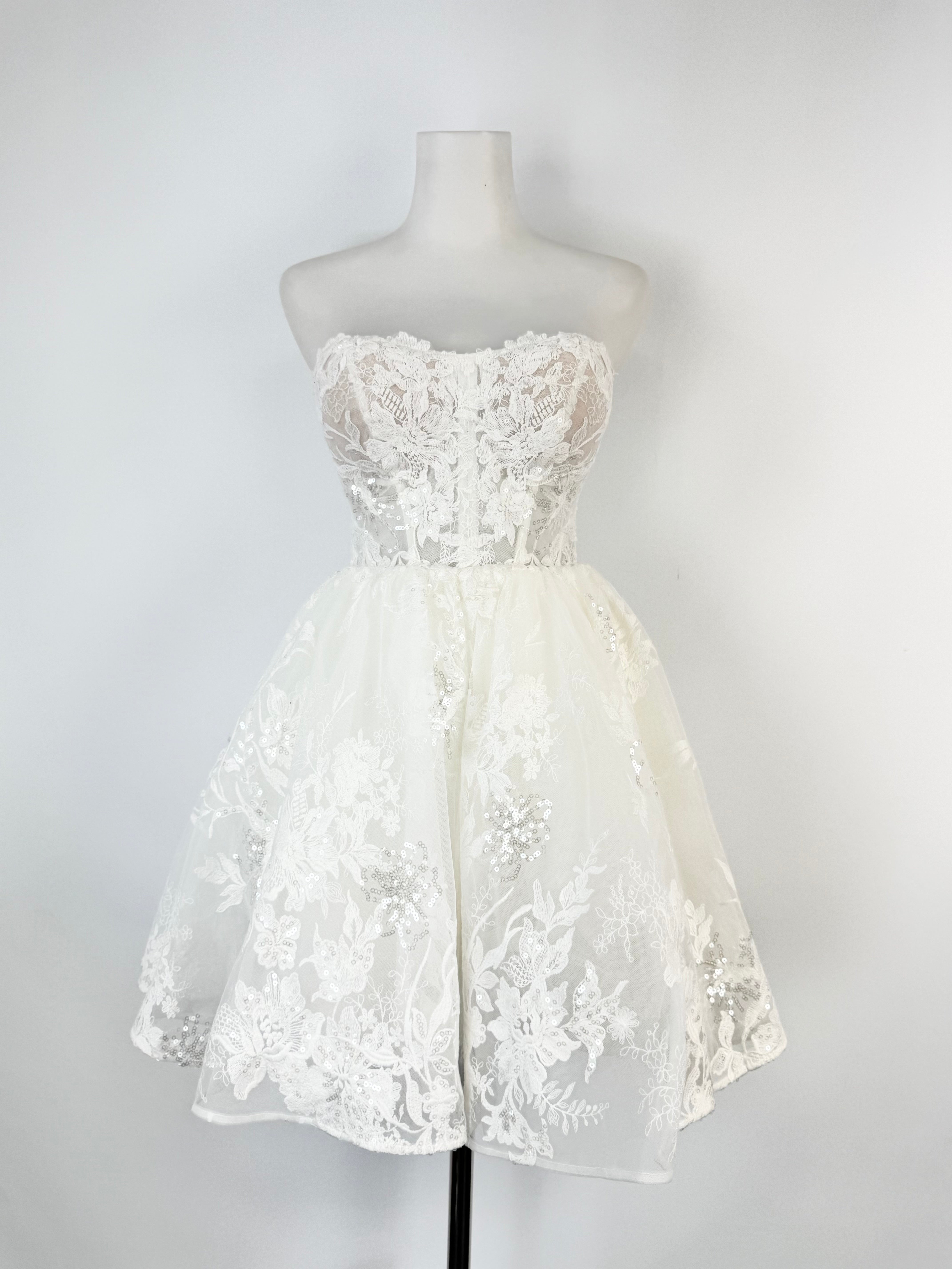 Kelly Lin Soft Ivory Strapless Lace Embellished Mini Dress - AU6