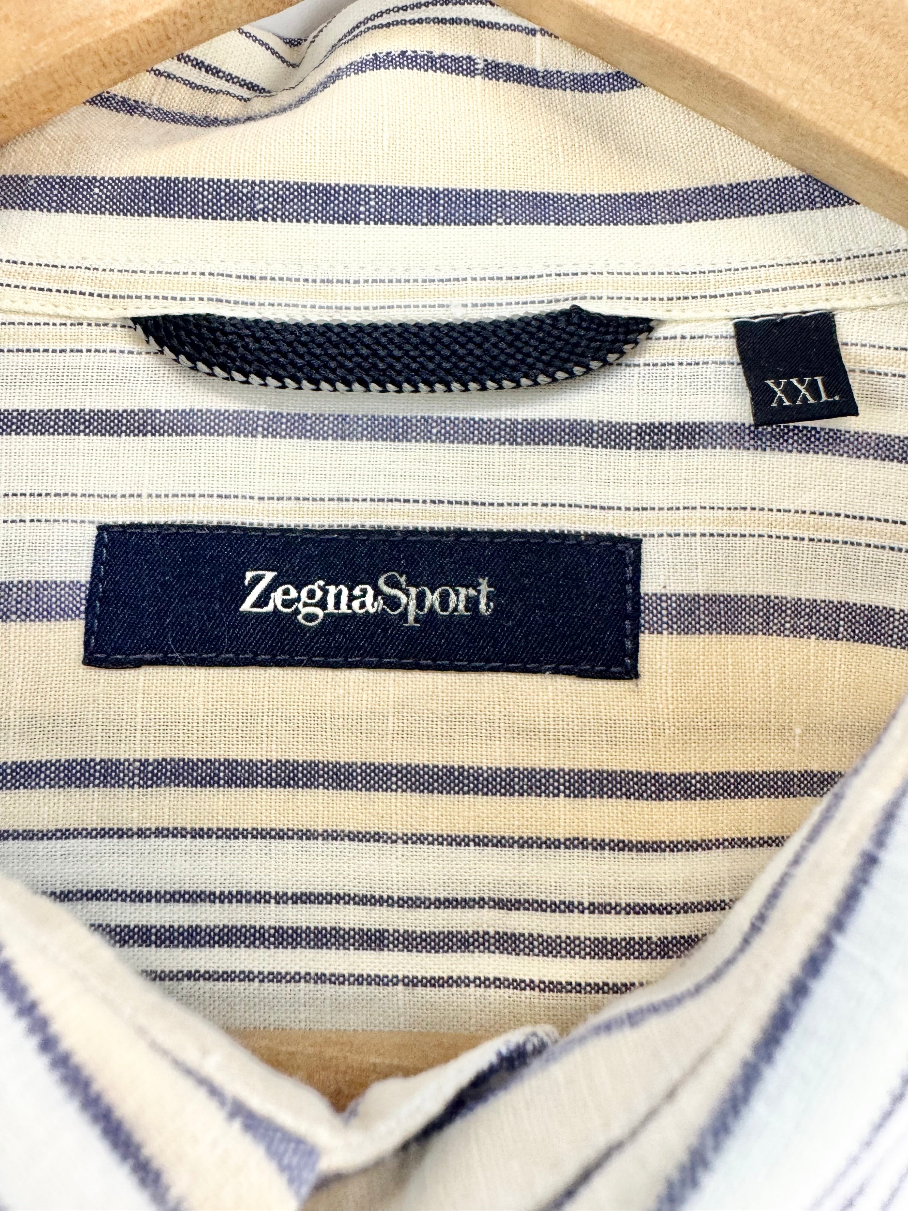 Zegna Sport Beige, White & Blue Striped Linen Shirt - XXL