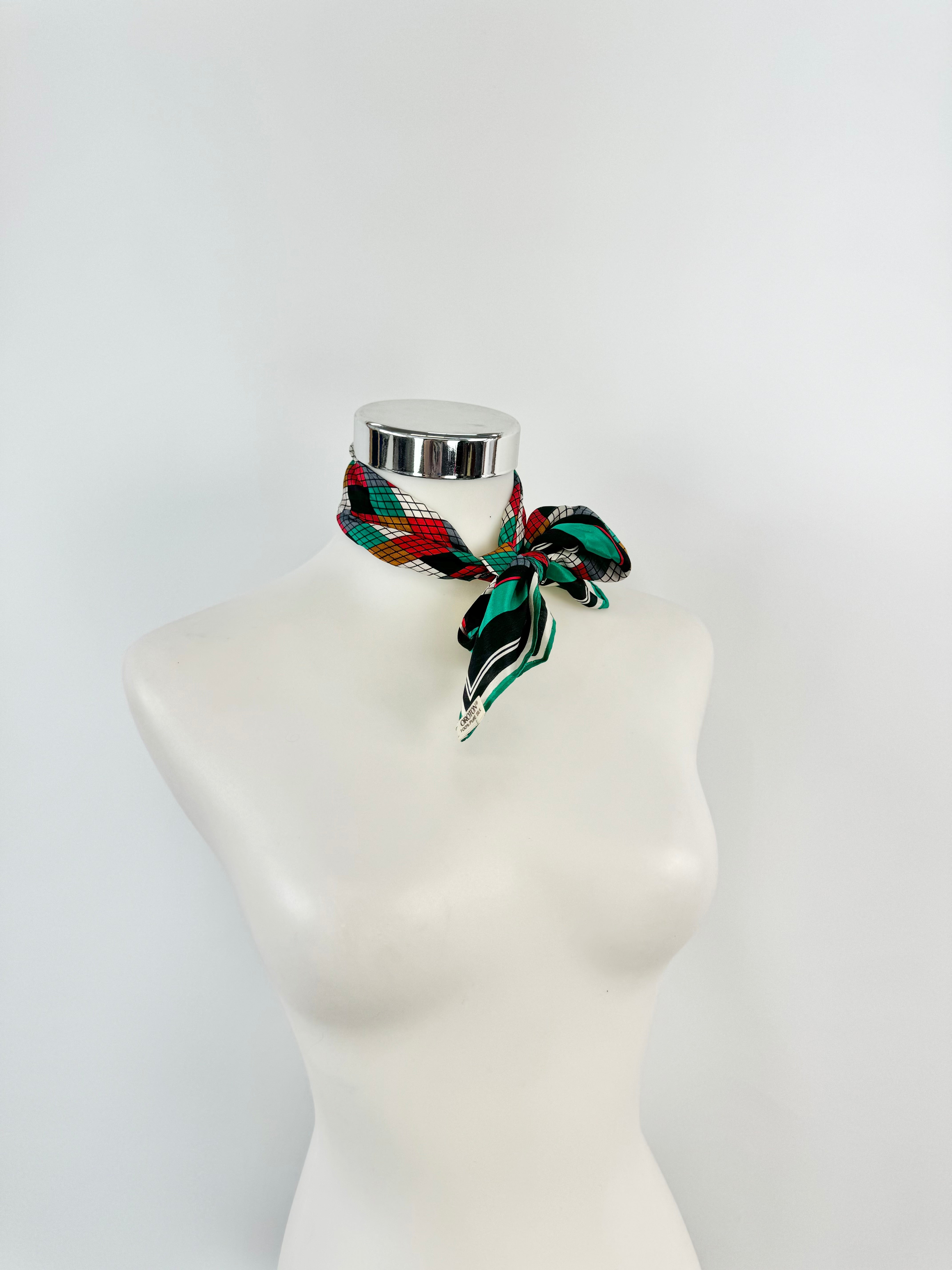 Oroton Emerald Green Grid Pattern Square Silk Scarf