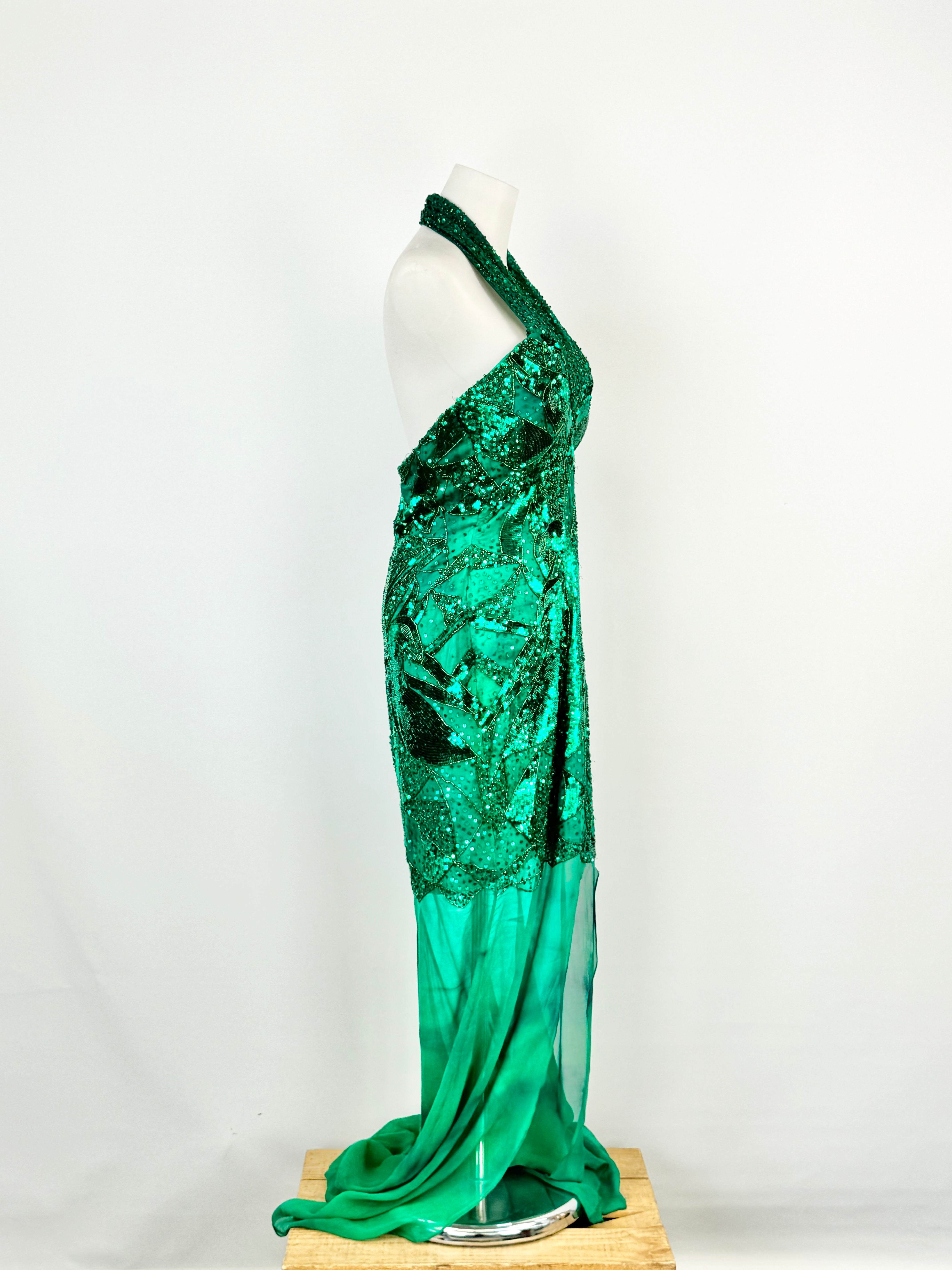 Bellucio Emerald Green Silk Sequined Maxi Dress - AU10