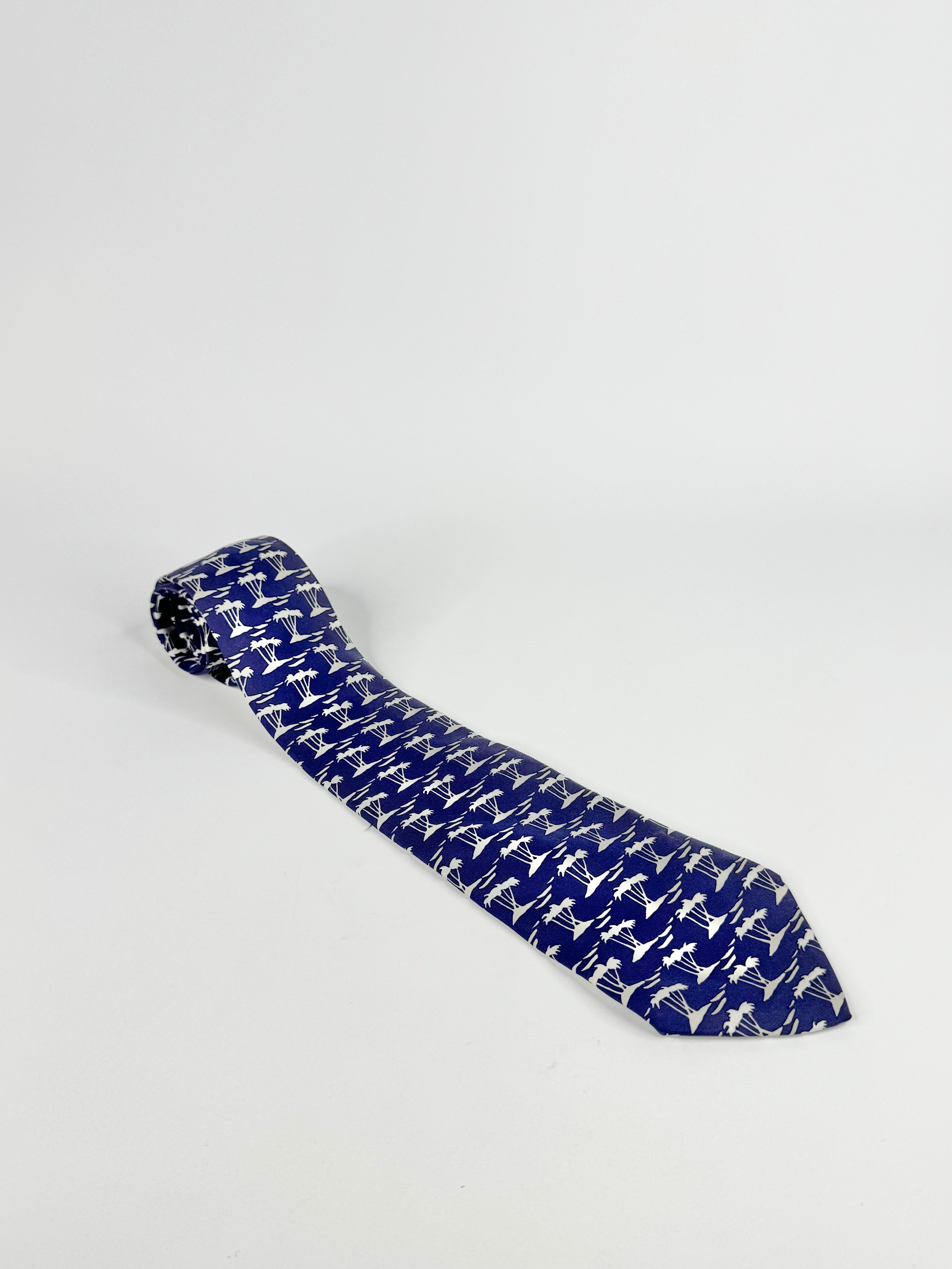 Vintage 90s Hermès Deep Blue Palm Tree Patterned 7450 Silk Tie