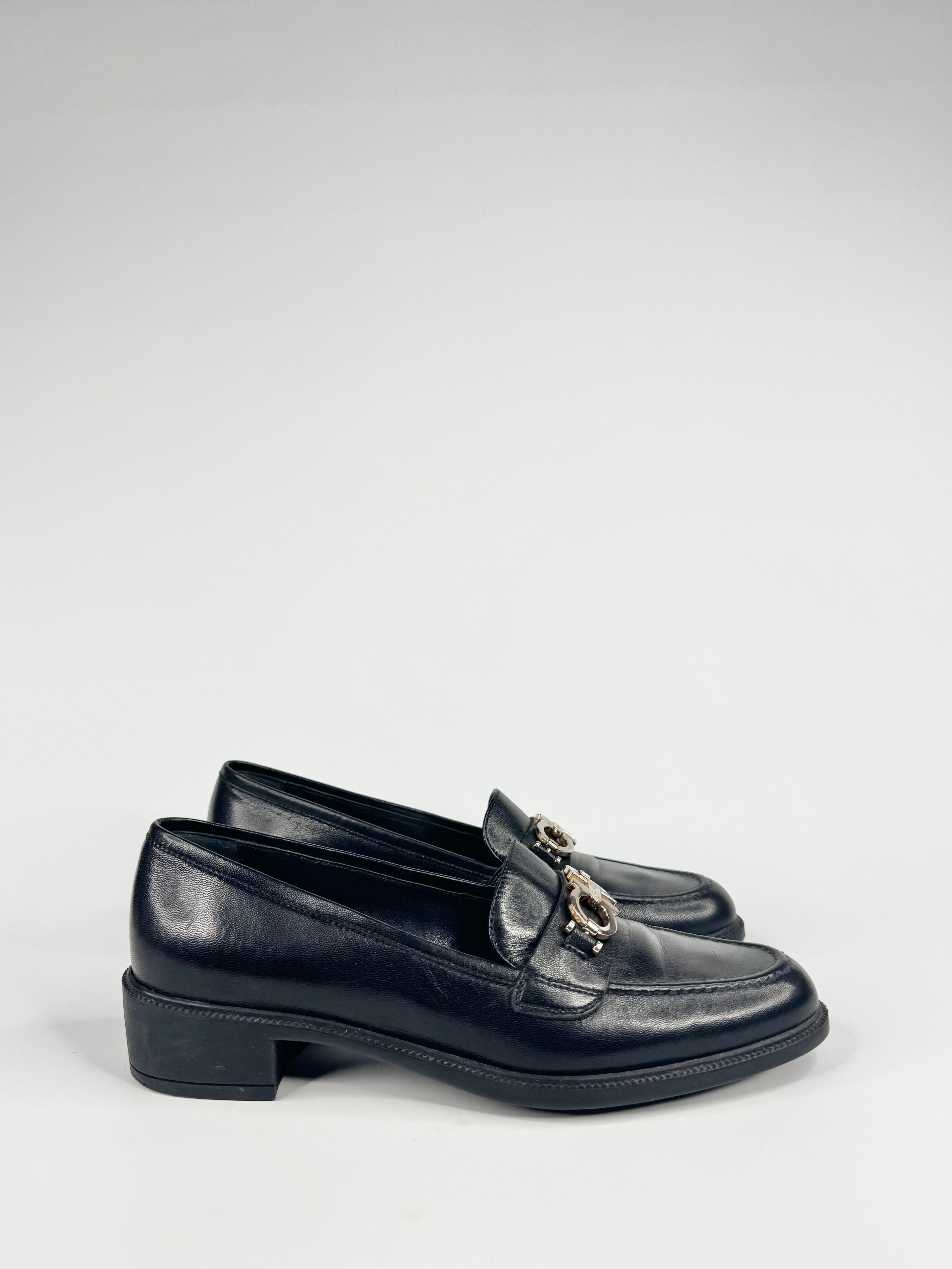 Salvatore Ferragamo Black Gancini Leather Loafers - EU37.5