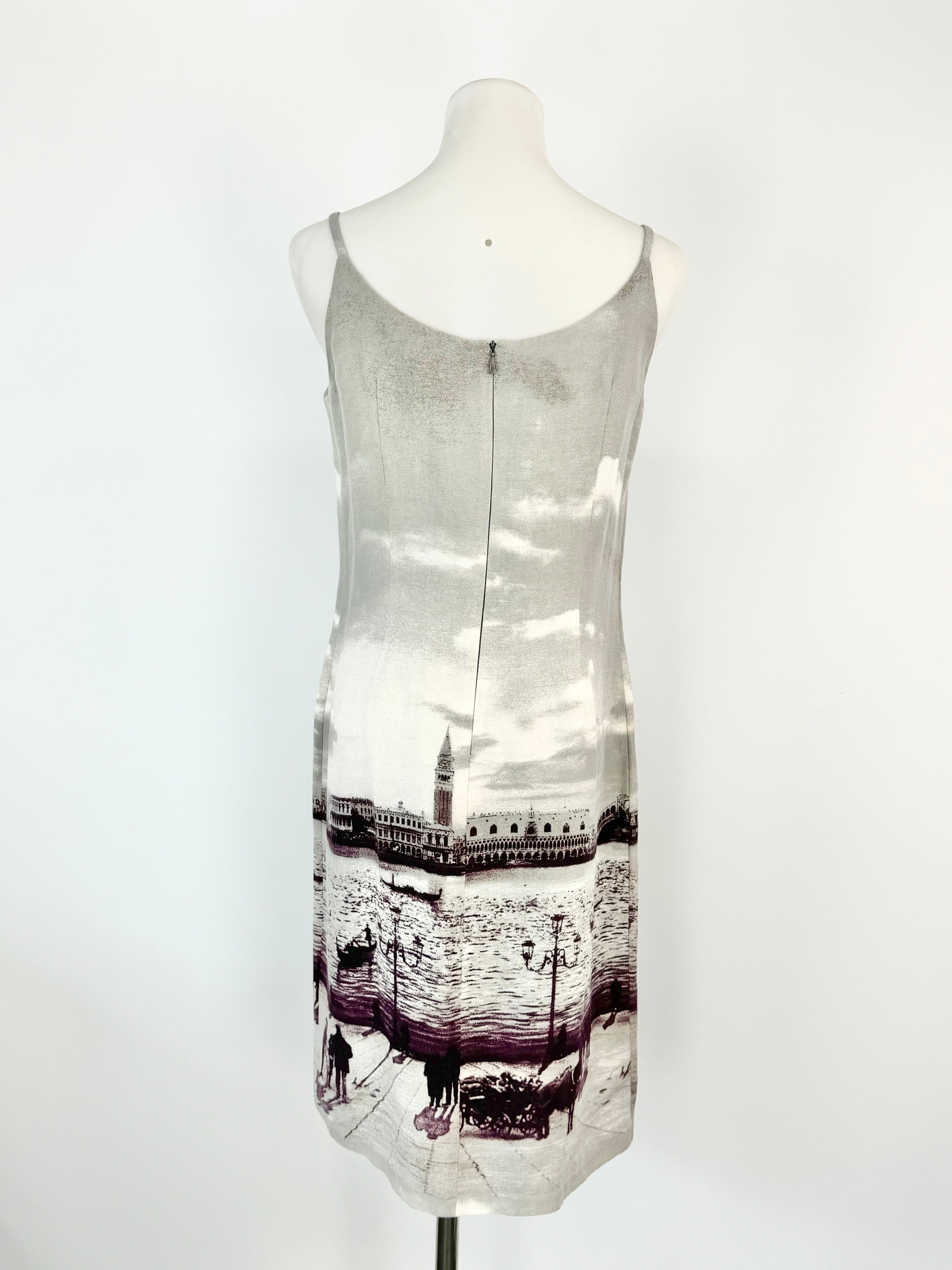 Zapa Grey Linen Cityscape Slip Dress - AU8/10