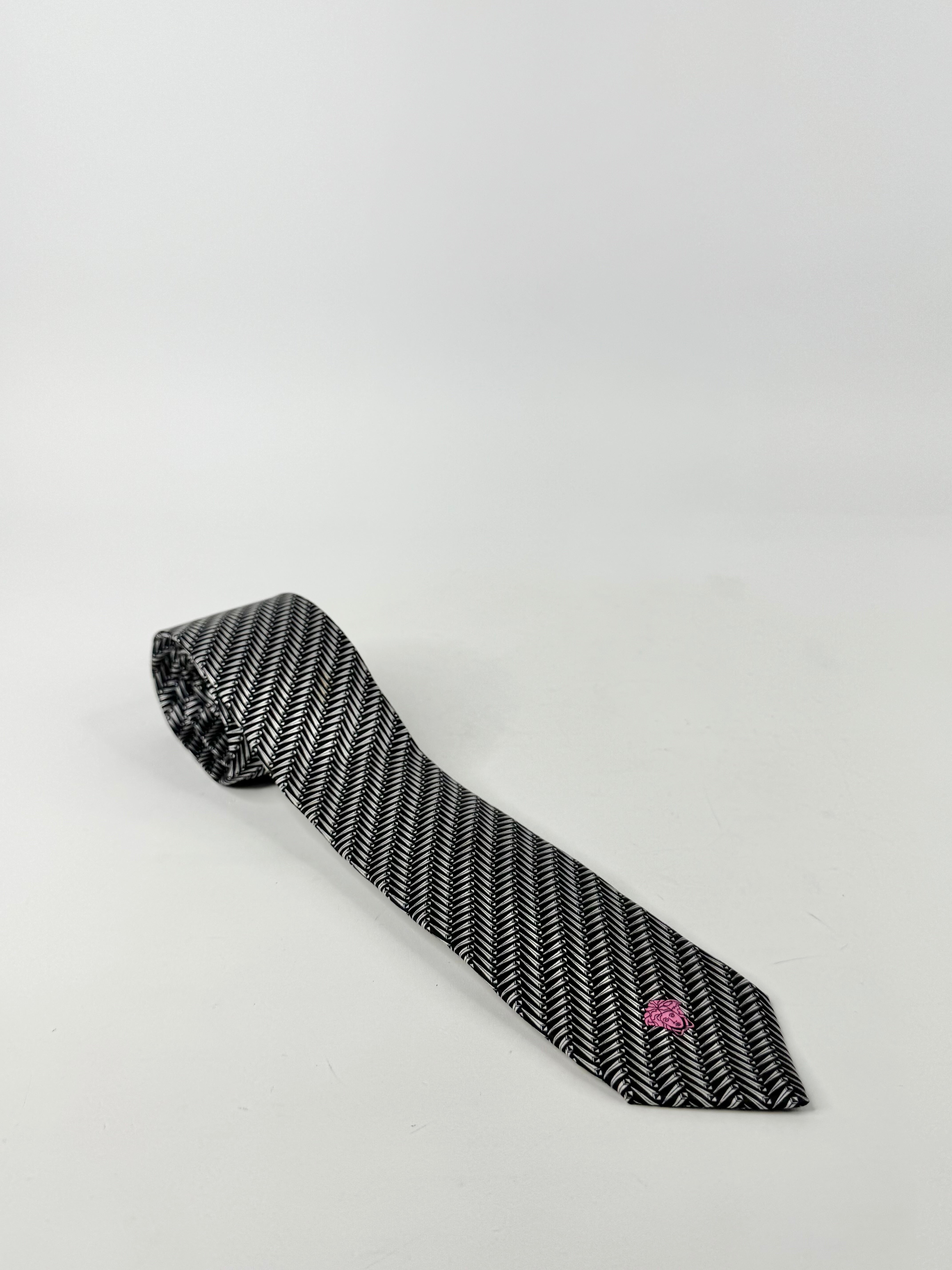 Versace Black & White Patterned Silk Tie