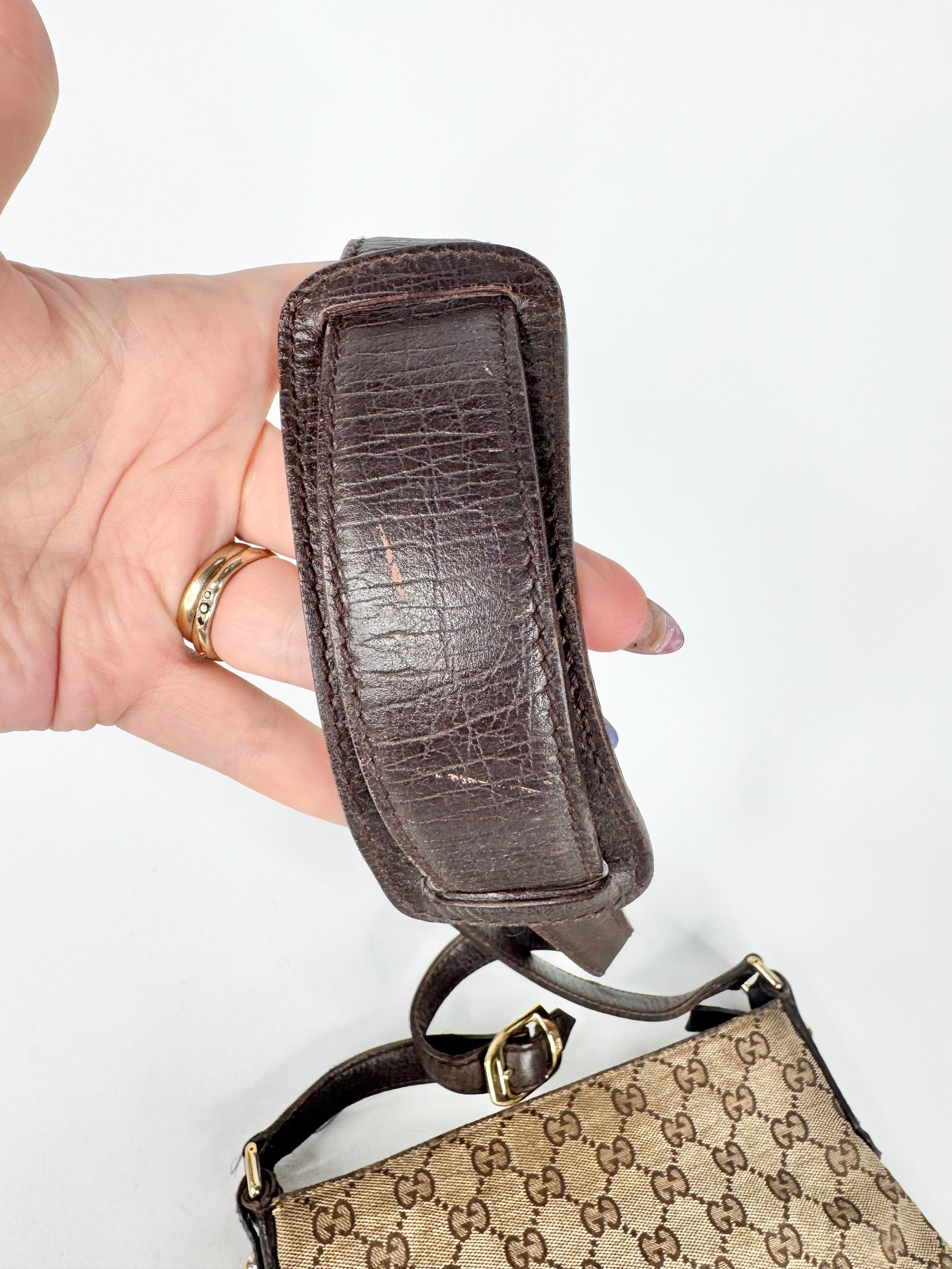 Vintage Gucci GG Canvas Horsebit Sherry Line Shoulder Bag Brown Beige