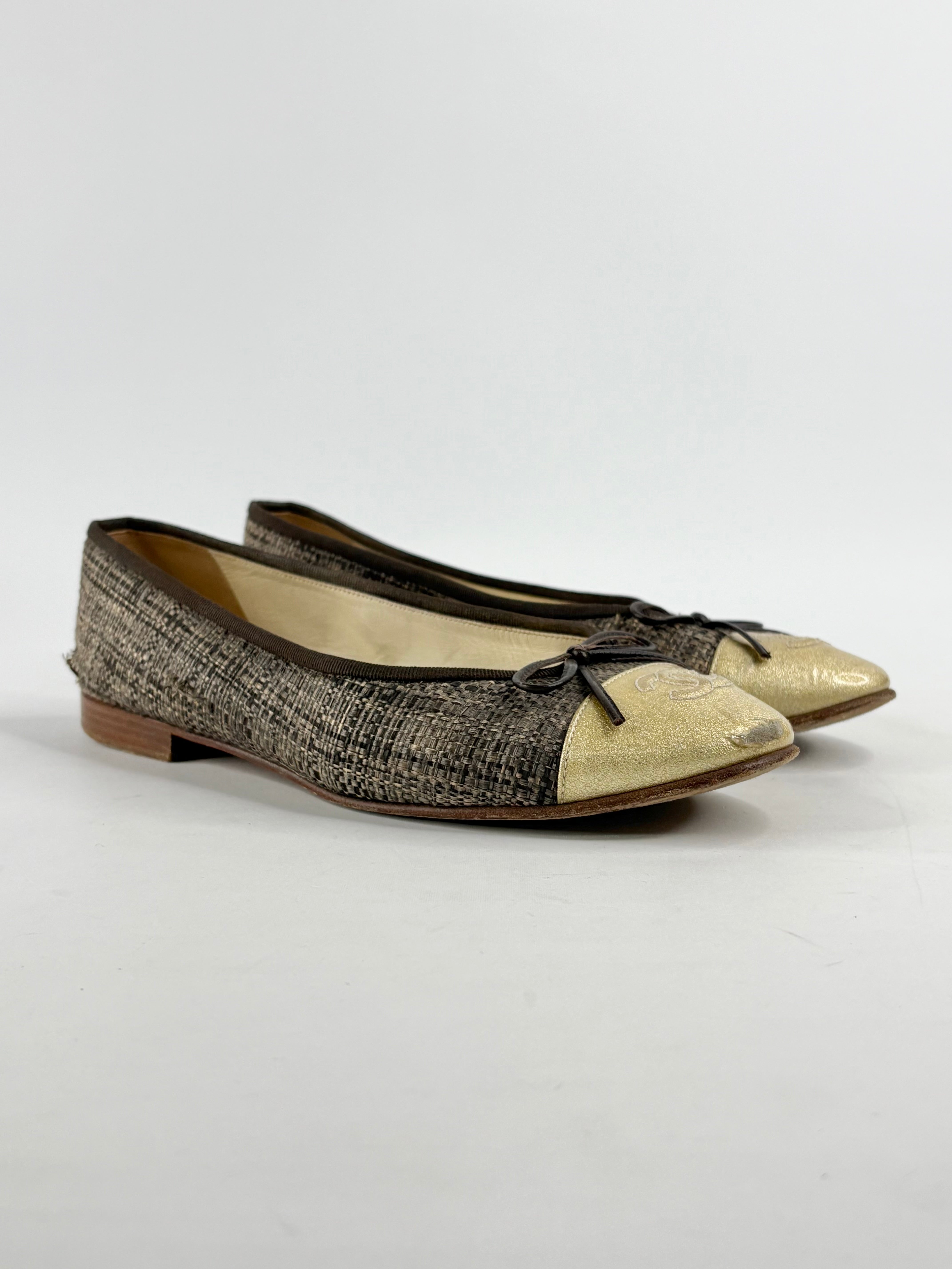 Chanel Gold Toe Leather & Hessian Ballet Flats - EU39