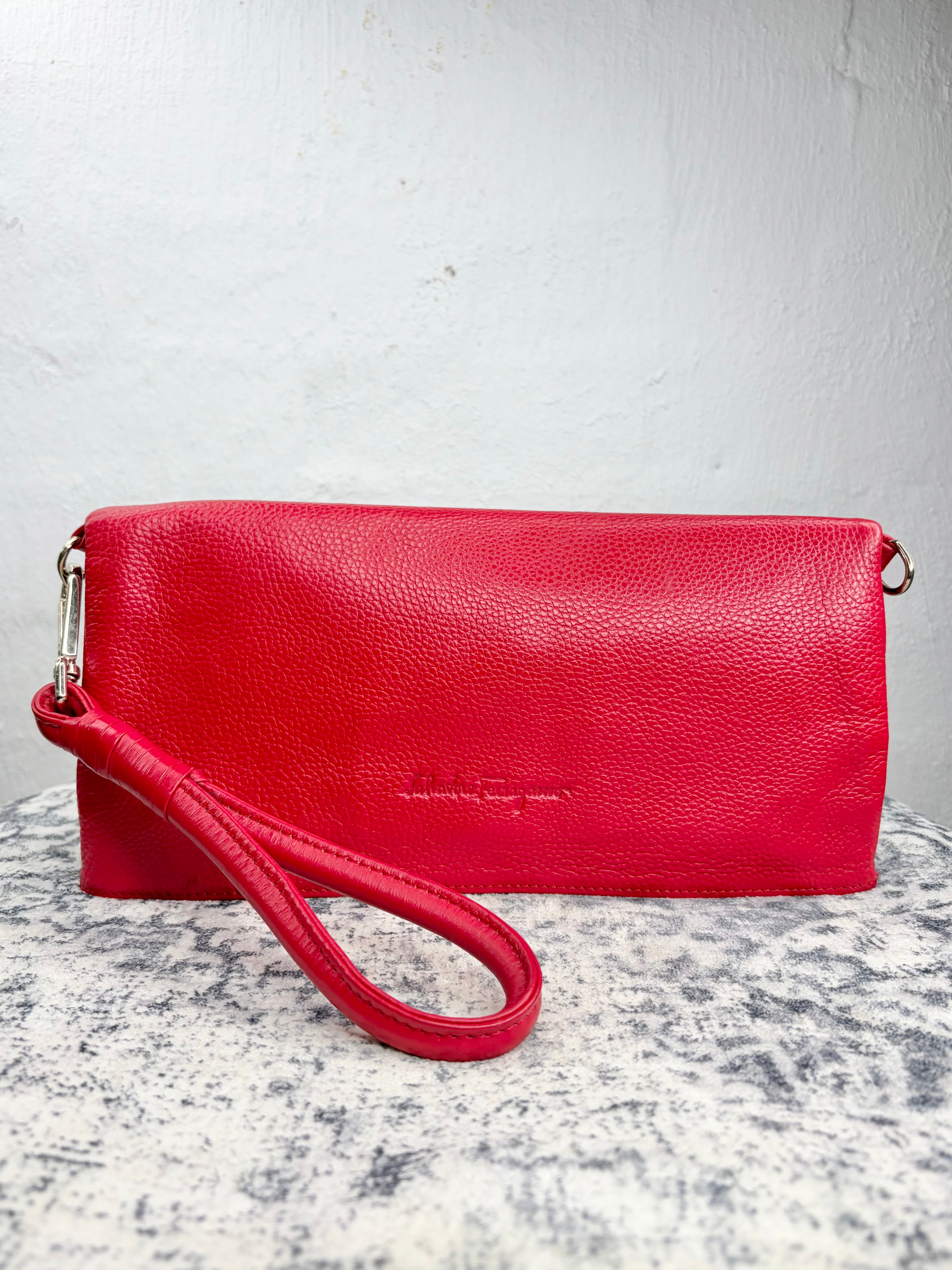 Salvatore Ferragamo Red Pebbled Leather Shoulder Bag