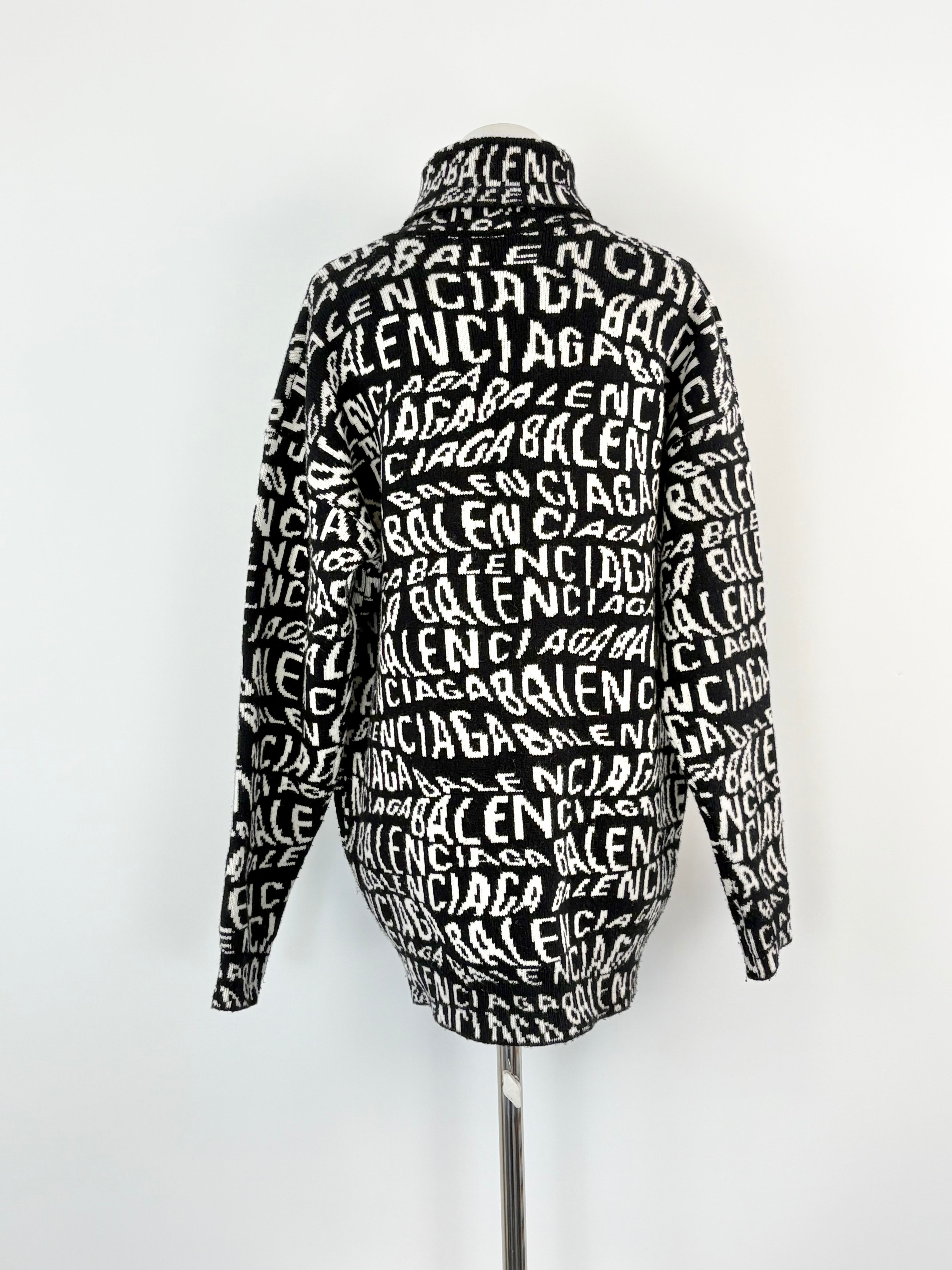 Balenciaga Black & White All-Over Print Logo Knit Turtleneck Sweater - AU8/10