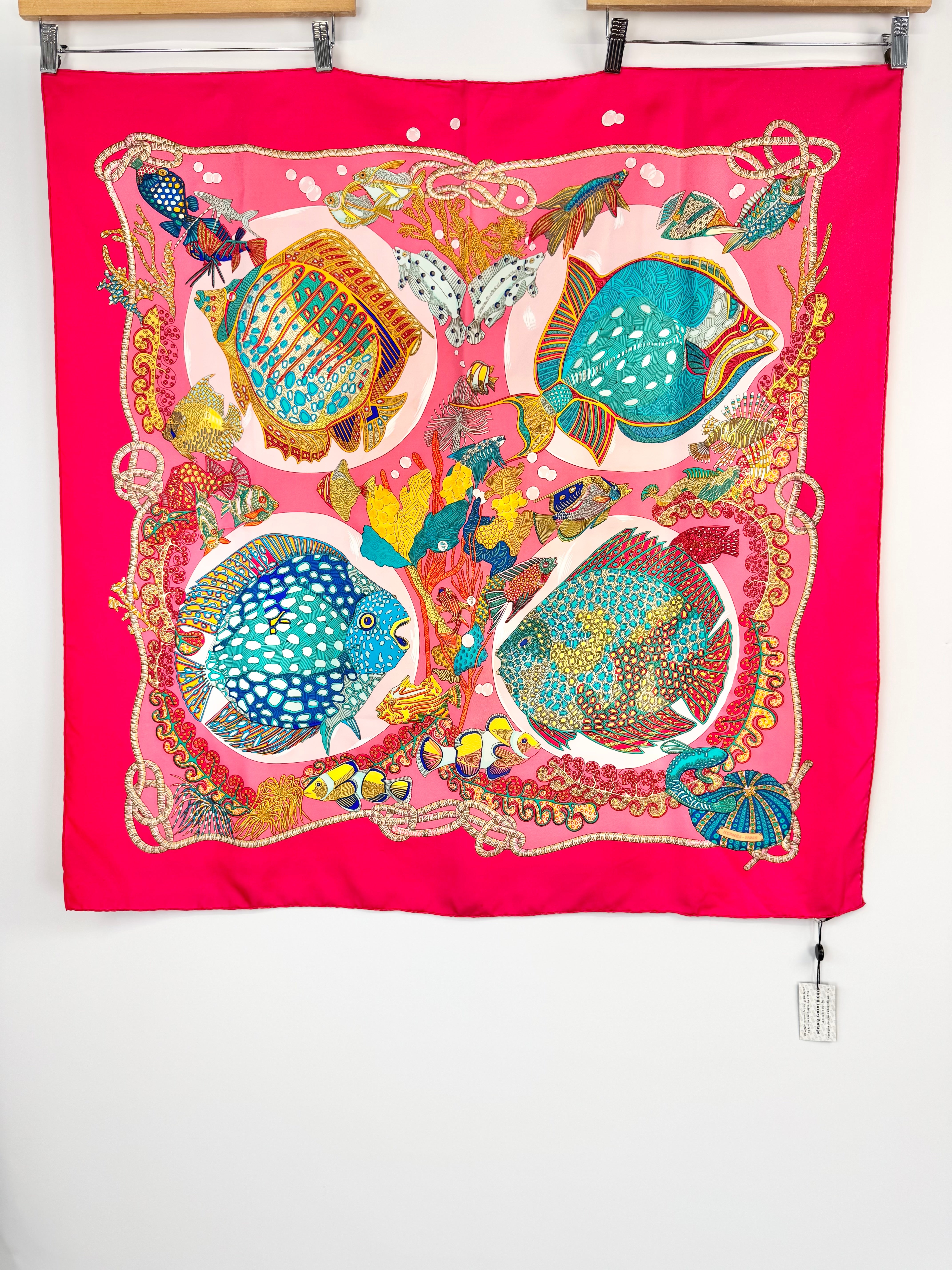 Hermès Cerise Pink Accordian Fish Silk Scarf