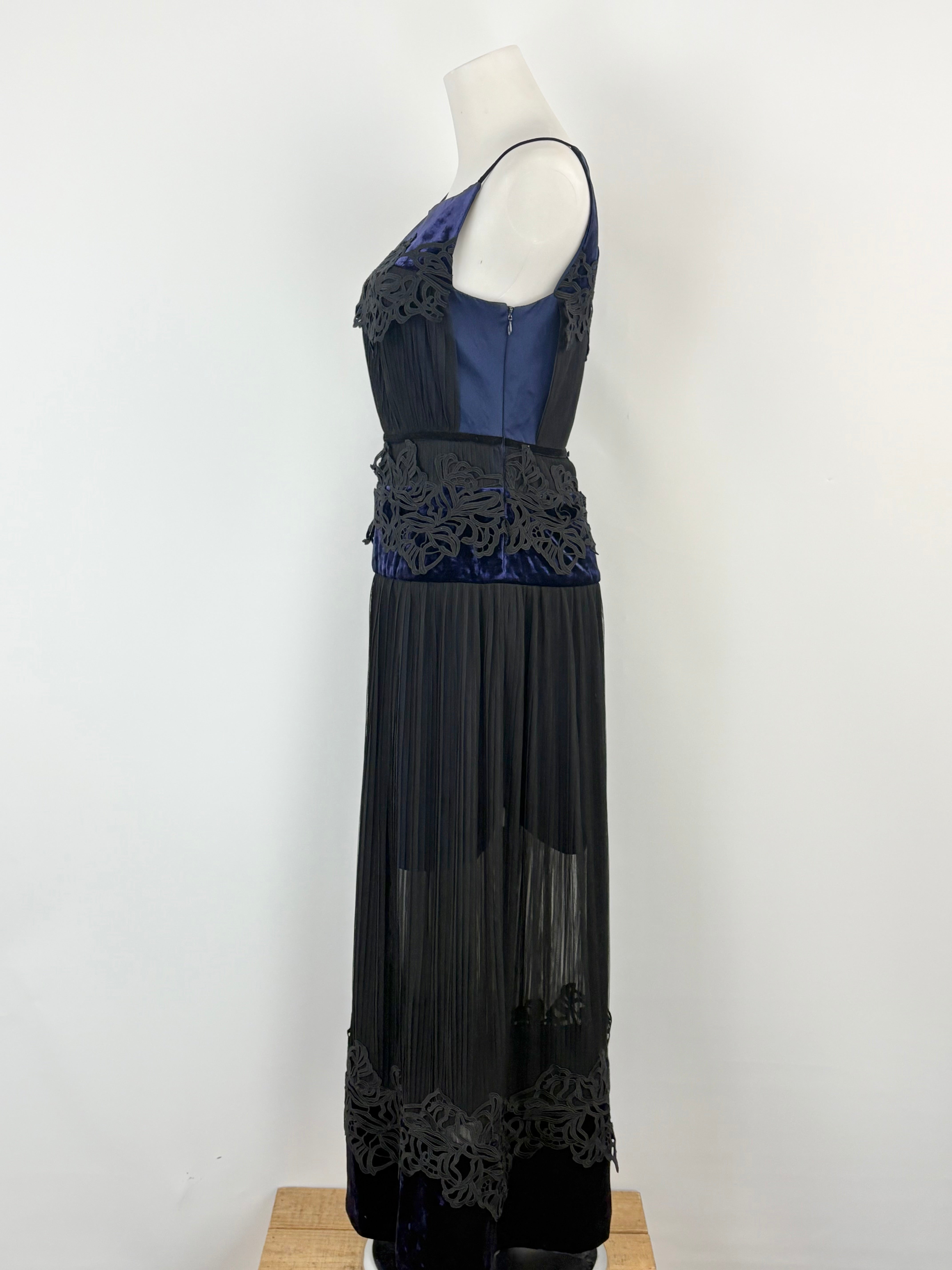 Three Floor Twilight Blue & Embroidered Floral Black Tiered Evening Dress - AU8