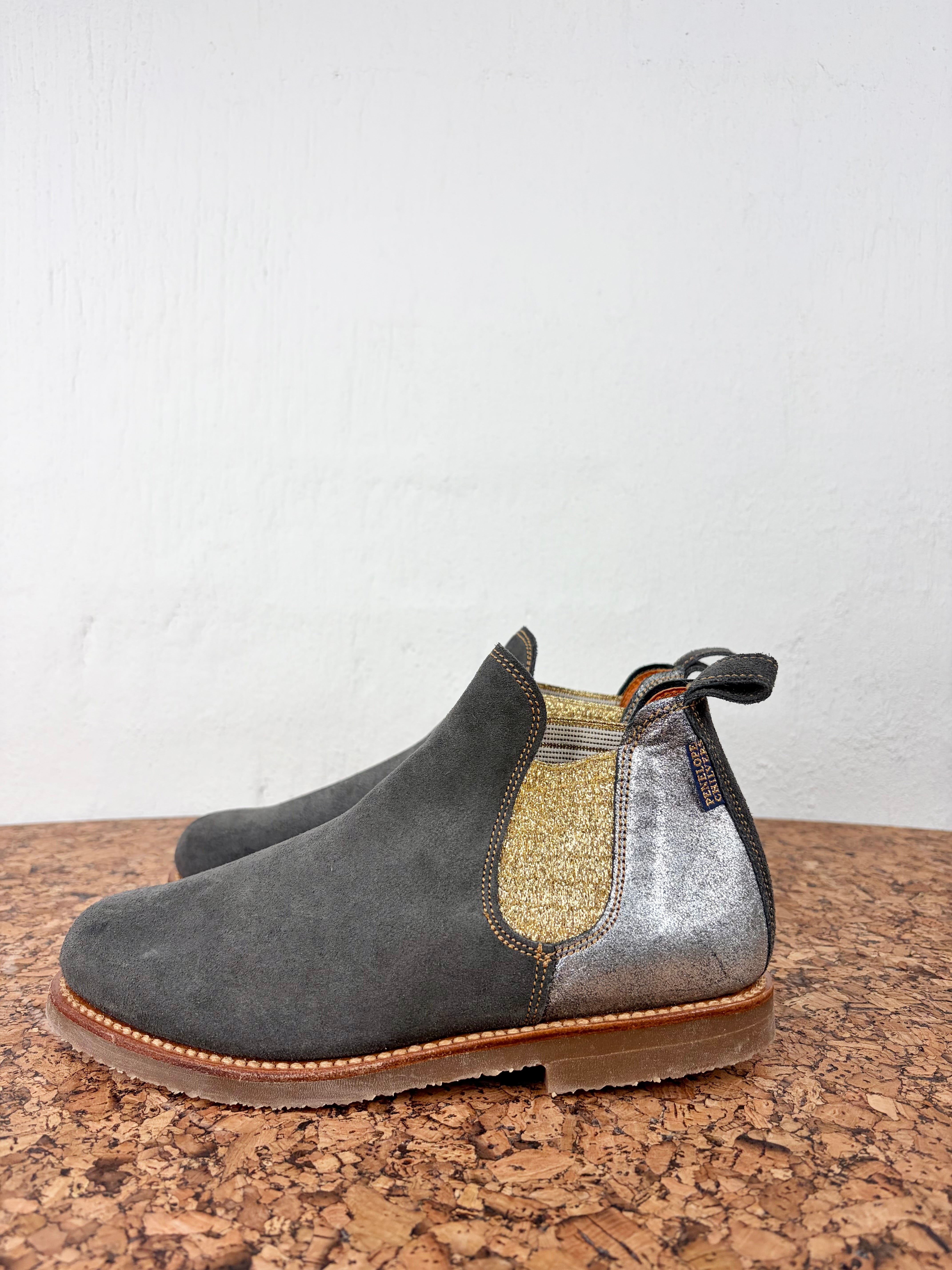 Penelope Chilvers Ash Grey, Metallic Gold & Silver Suede Ankle Boots - EU38