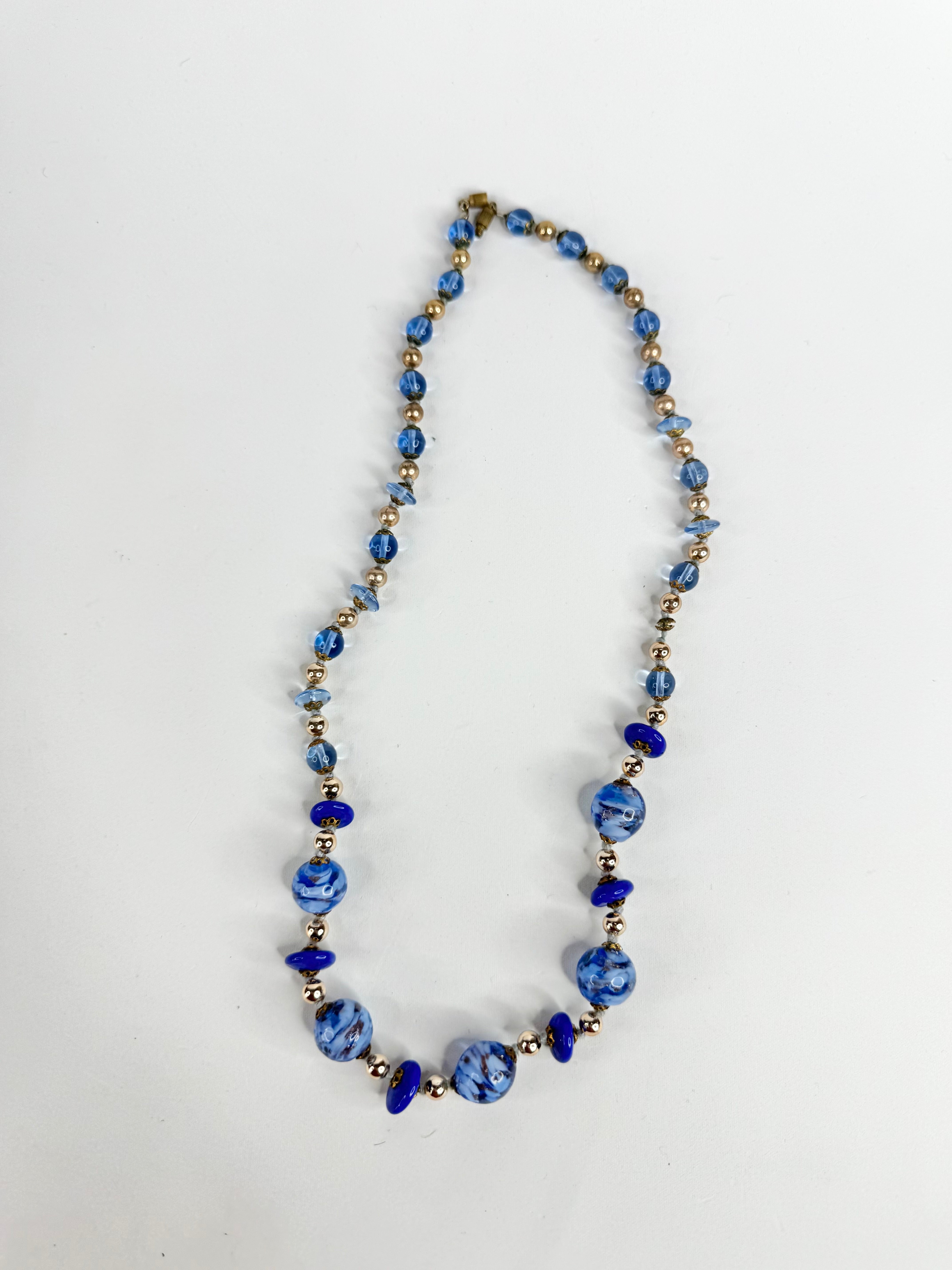 Vintage 90s Blue & Gold Glass Bead Necklace