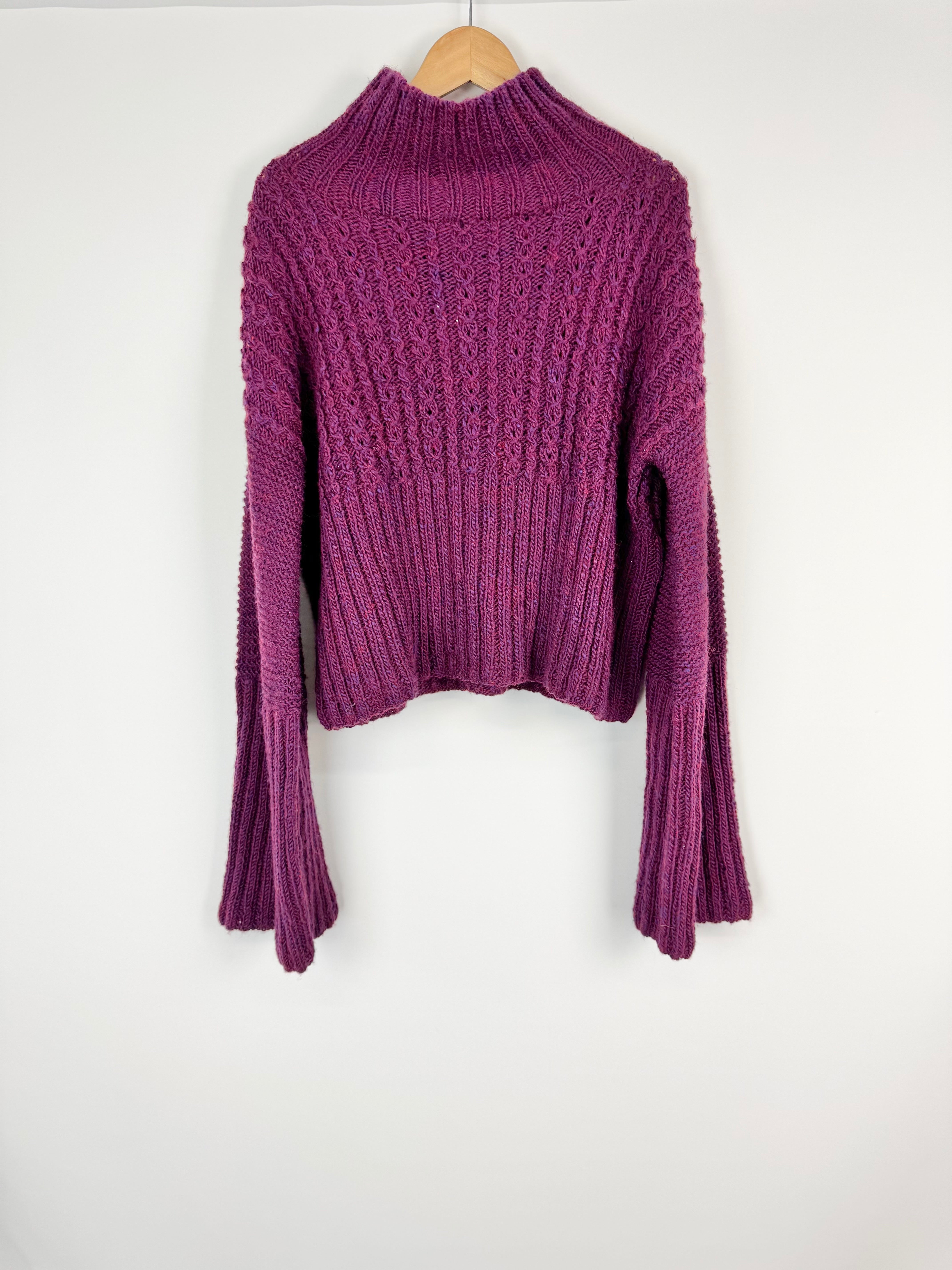 Akiranaka Boysenberry Handknitt Cable Knitted Bell Sleeve Sweater - AU10