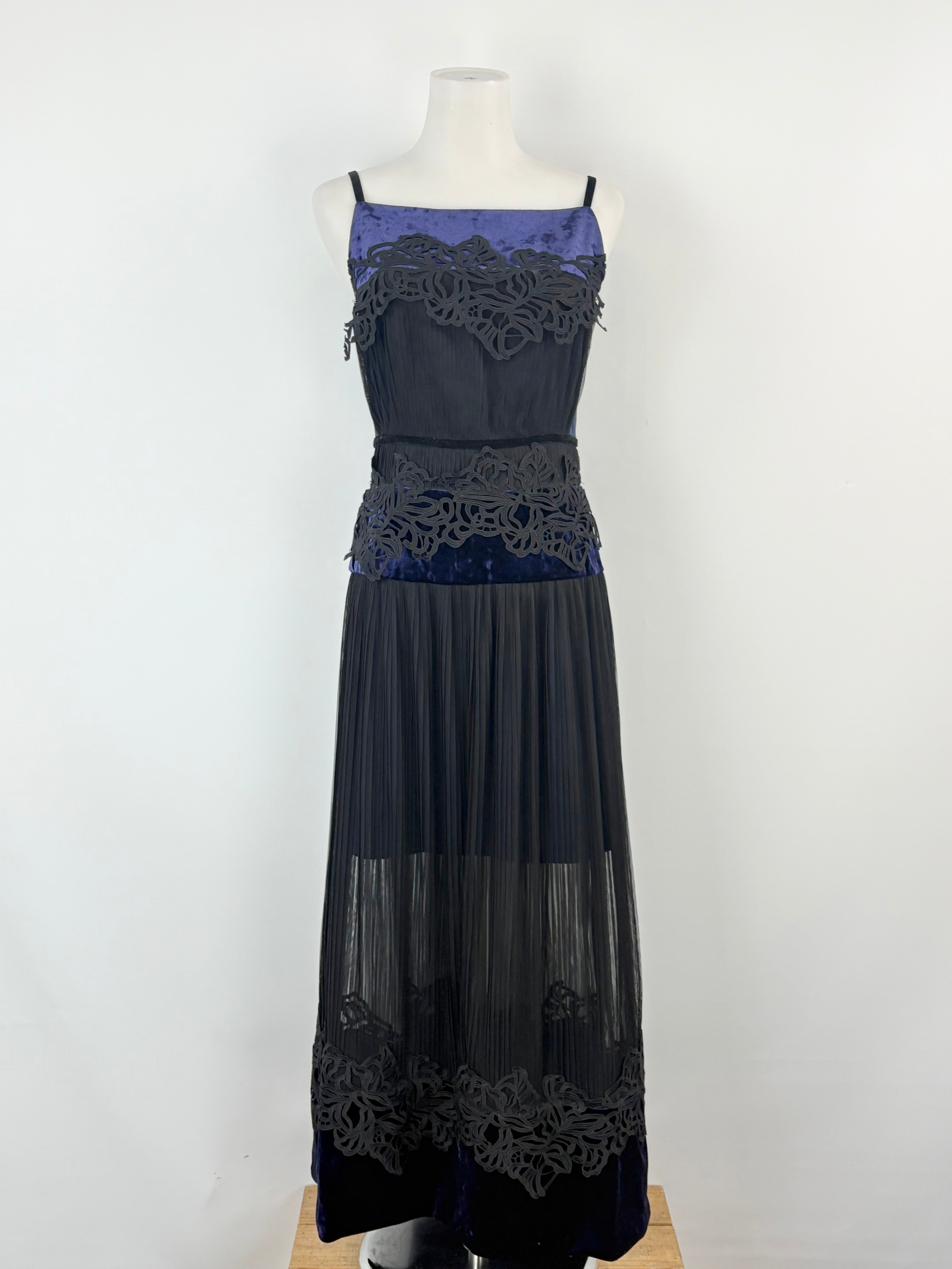 Three Floor Twilight Blue & Embroidered Floral Black Tiered Evening Dress - AU8