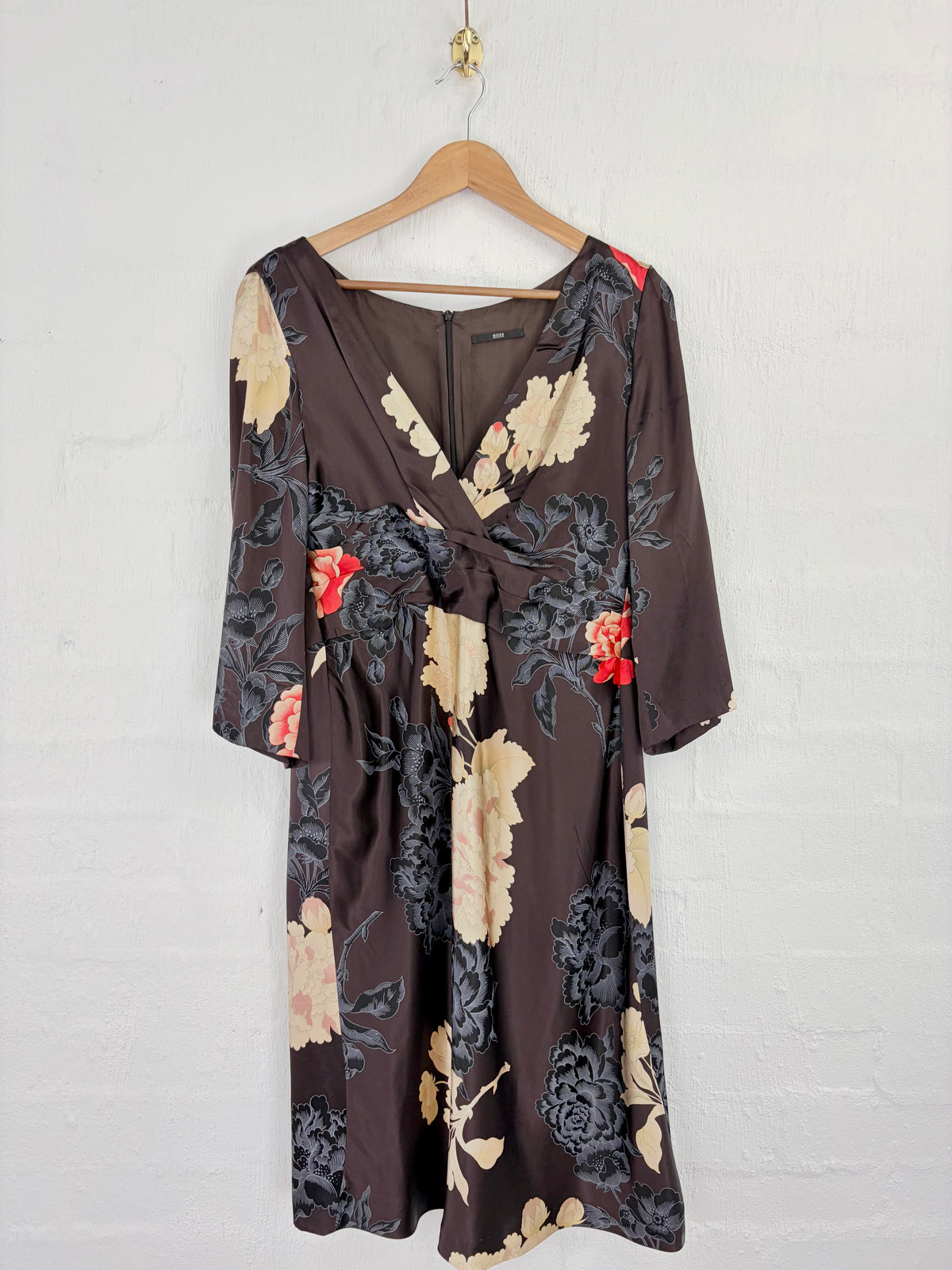 Boss Hugo Boss Expresso & Cream Silk Floral Faux Wrap Dress - AU14