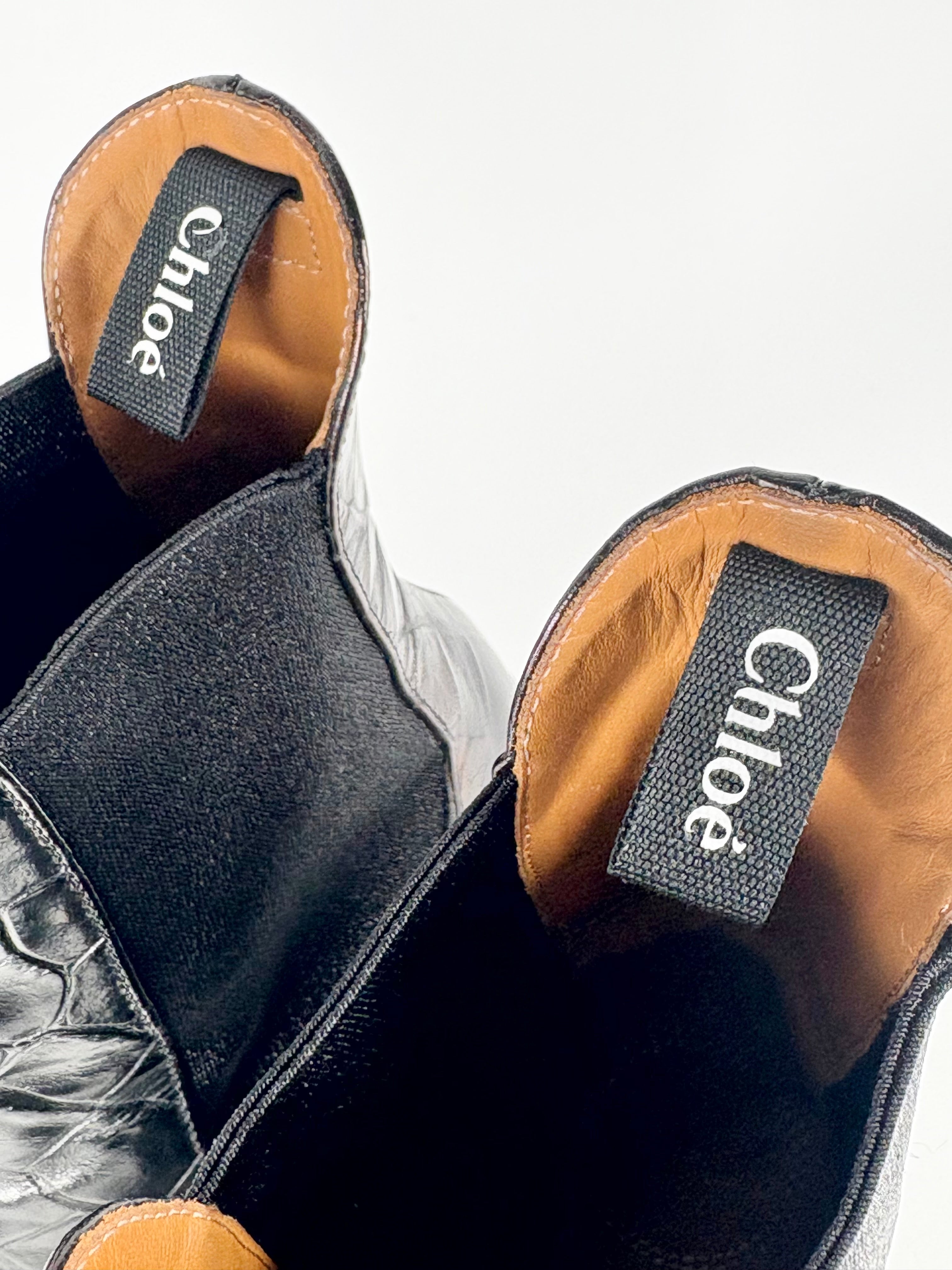 Chloé Black Leather Croc-Embossed Wave Boots - EU37.5