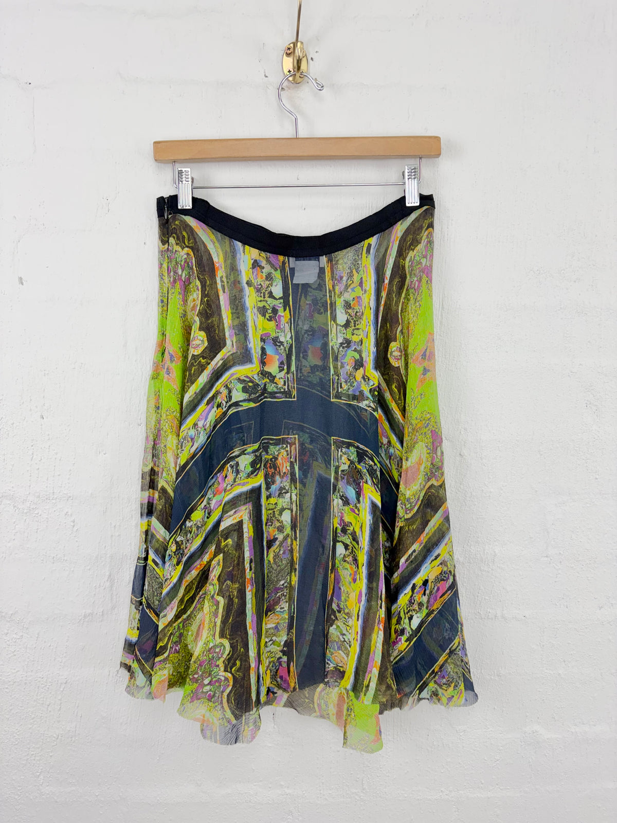 Dries Van Noten Sheer Green & Black Patterned Asymmetrical Silk Skirt - AU10/12