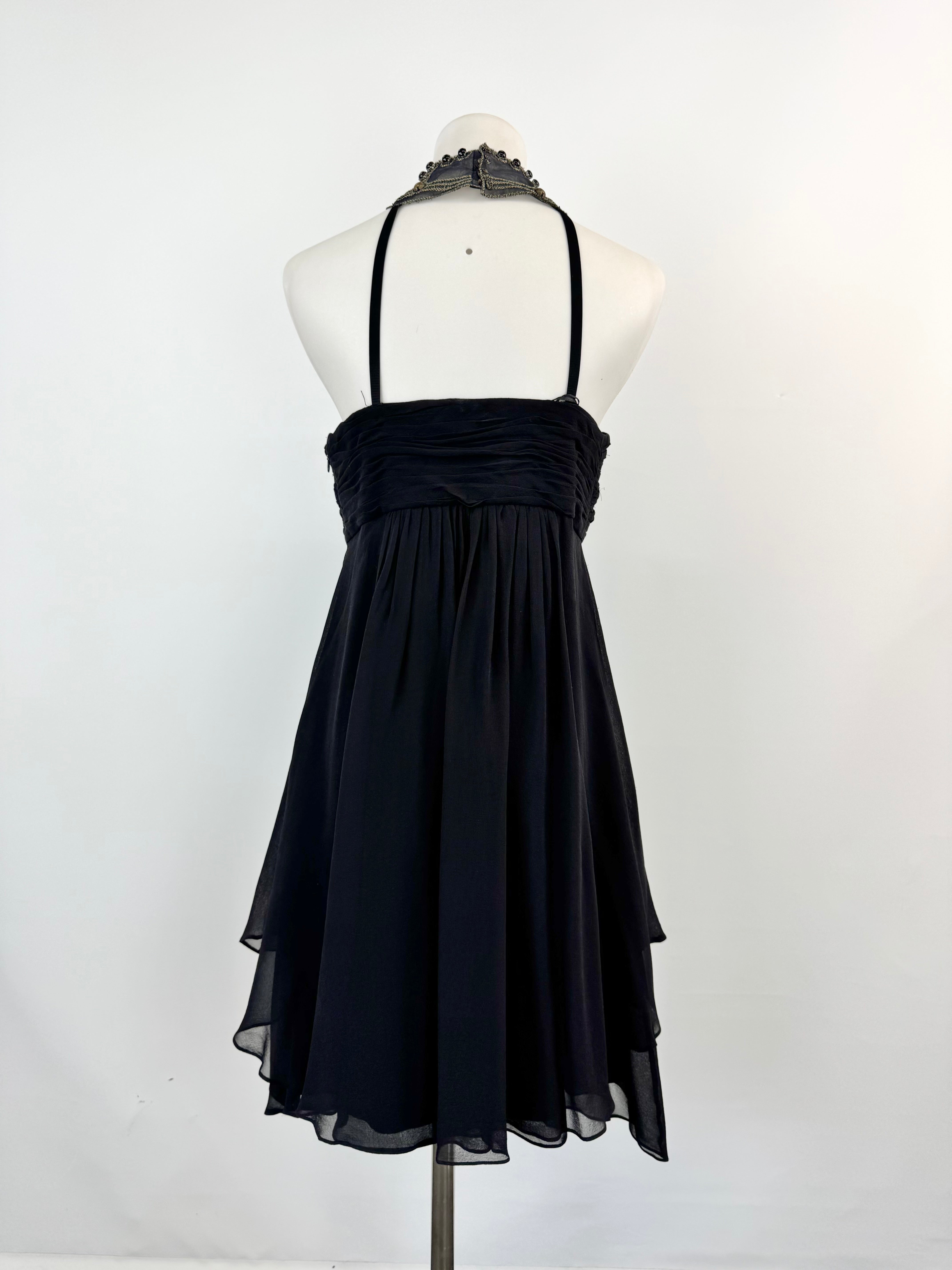 Thurley Black Halter Neck Silk Ruffle Hem Dress - AU10