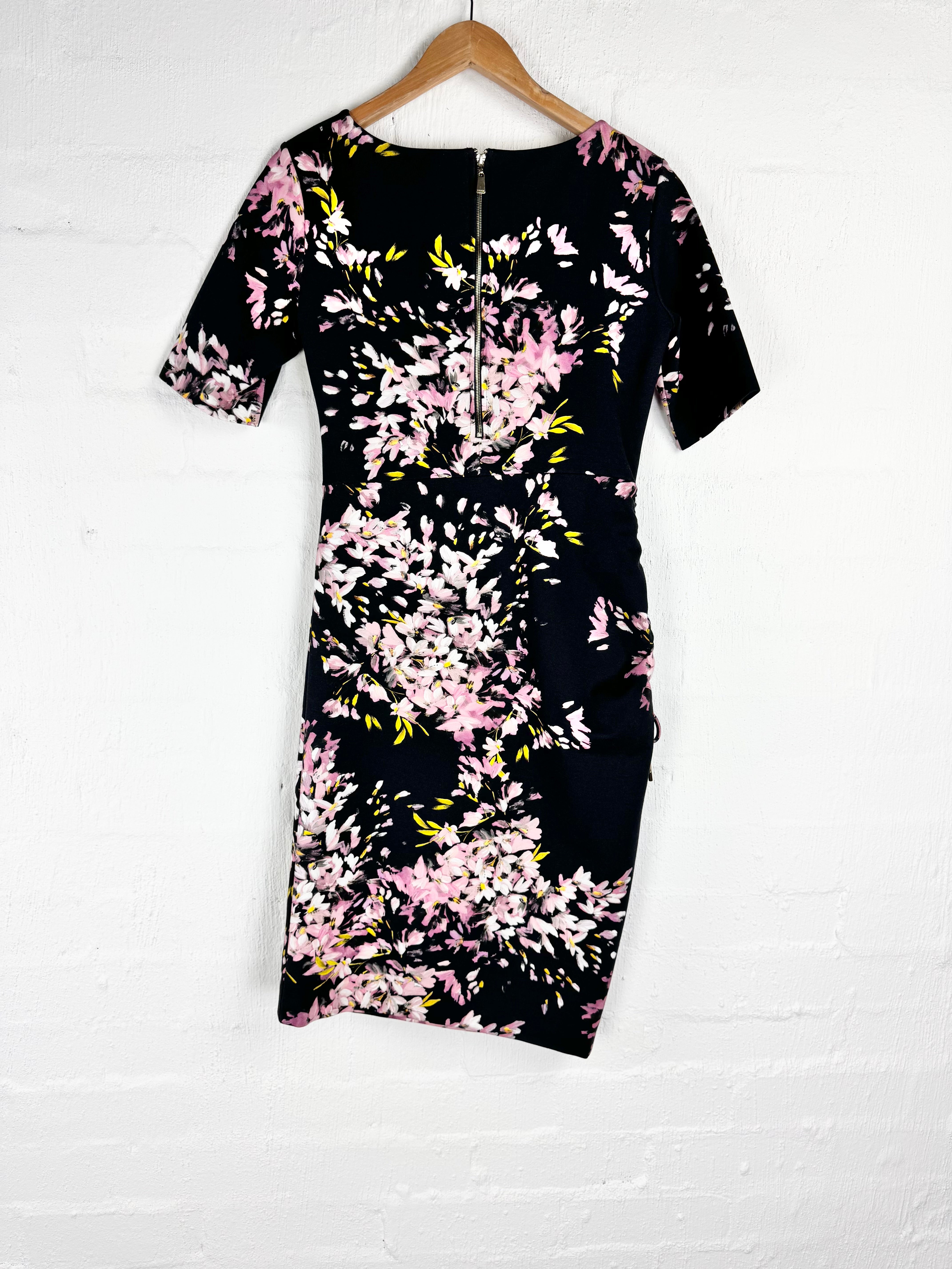 Escada Black Brushstroke Blossom Ruched Midi Dress - AU8/10