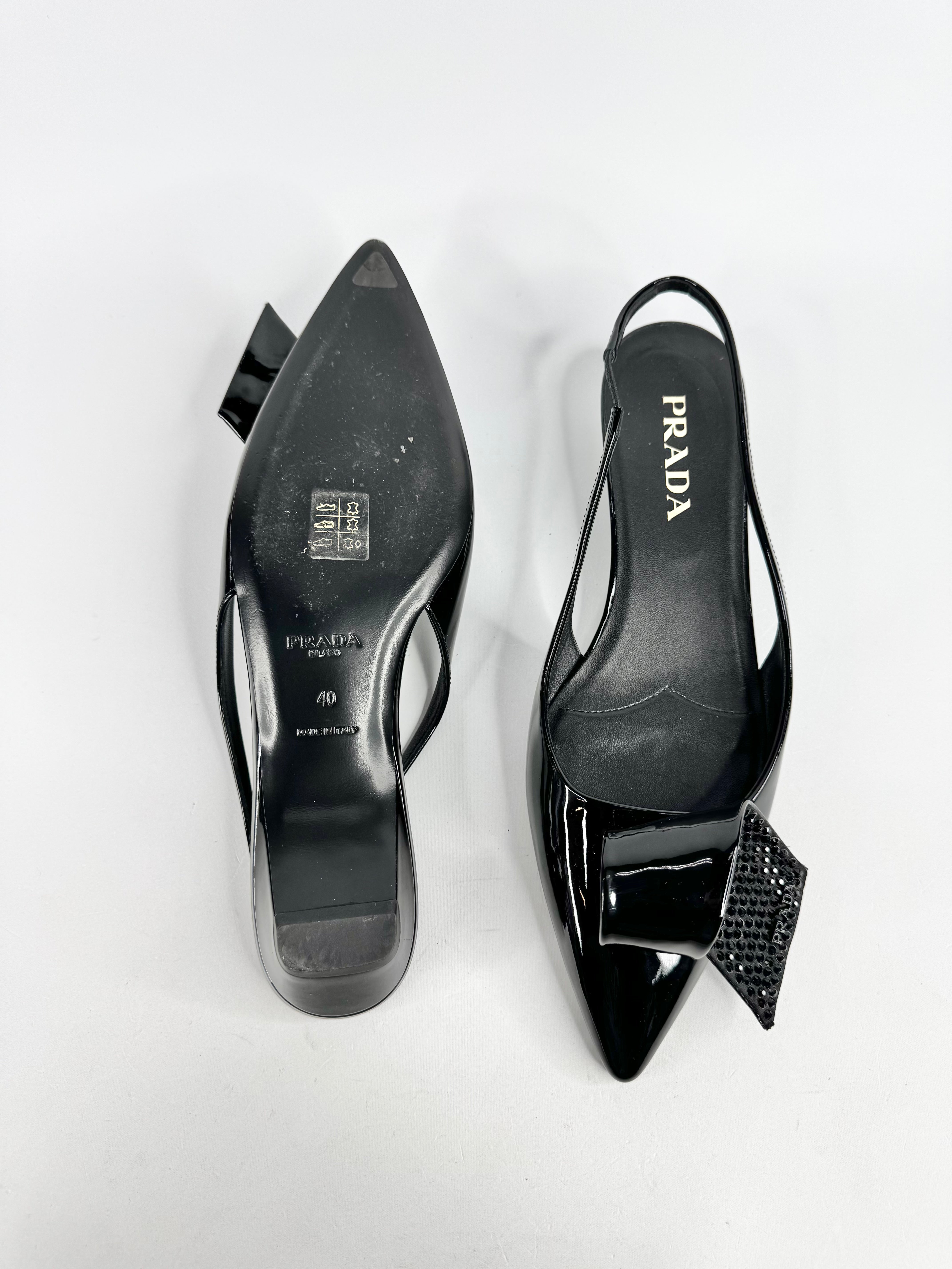 Prada Crystal Embellished Patent Leather Sling Backs - EU40