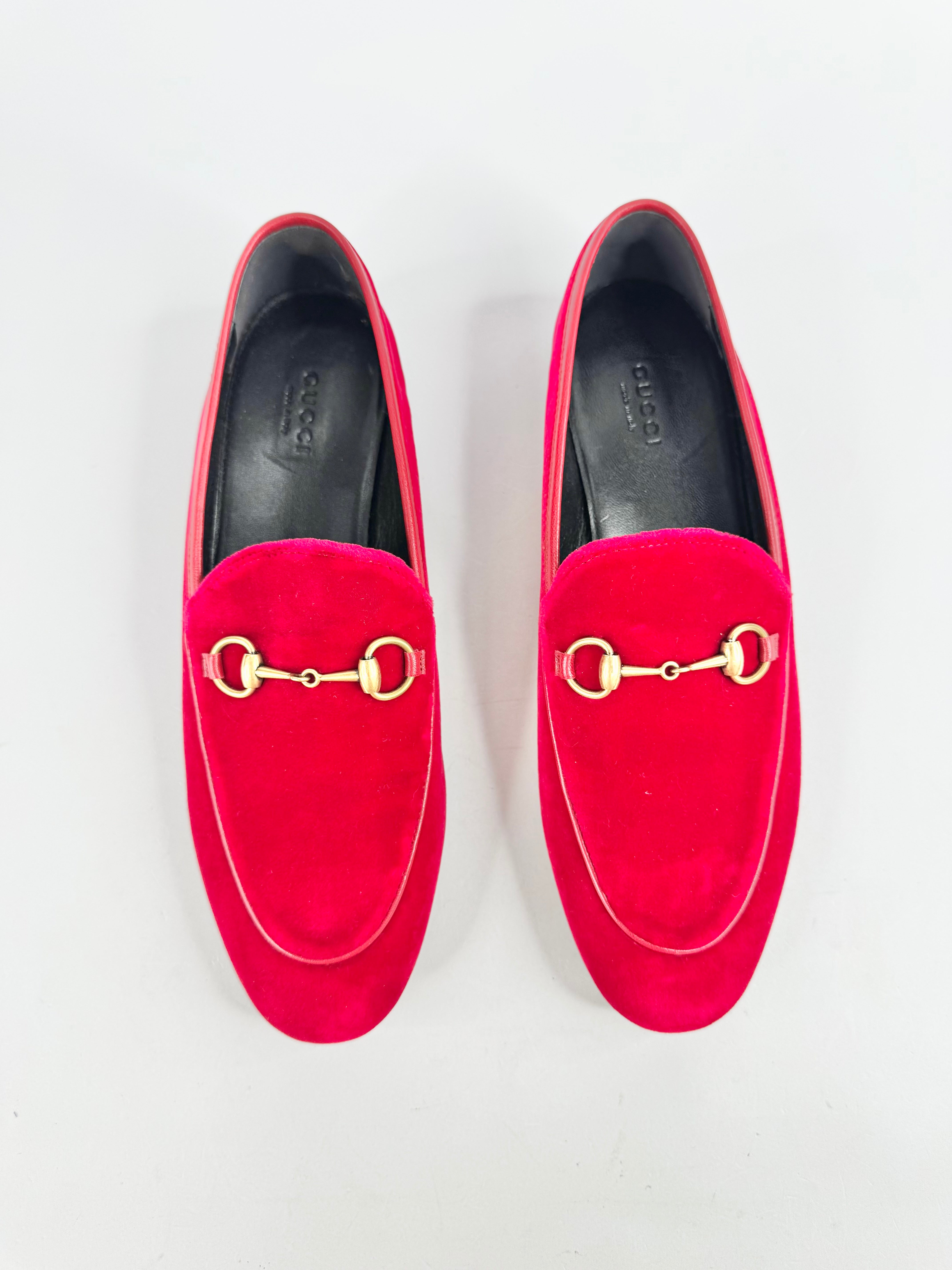 Gucci Red Velvet Horsebit Loafers - EU38.5