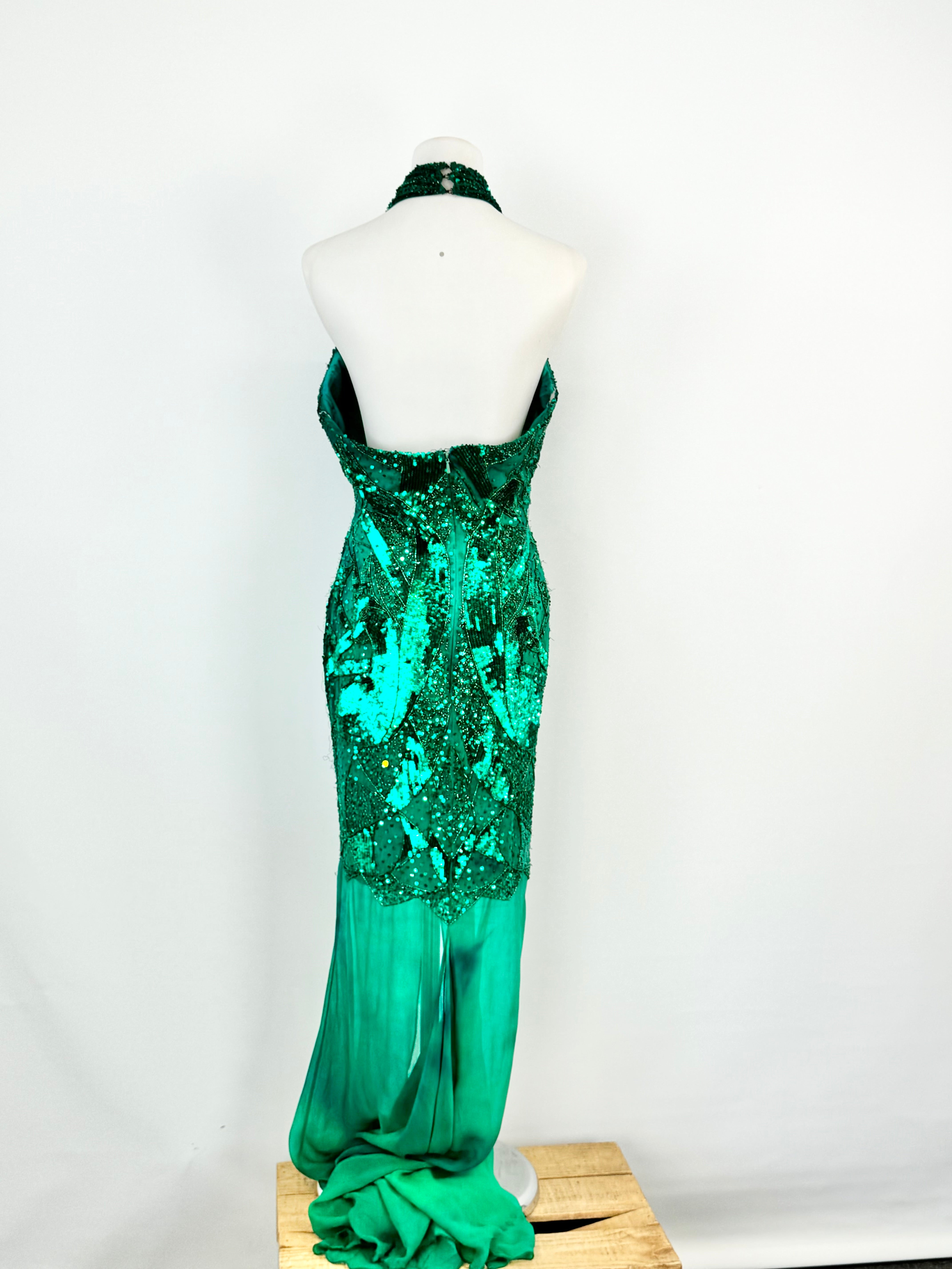 Bellucio Emerald Green Silk Sequined Maxi Dress - AU10